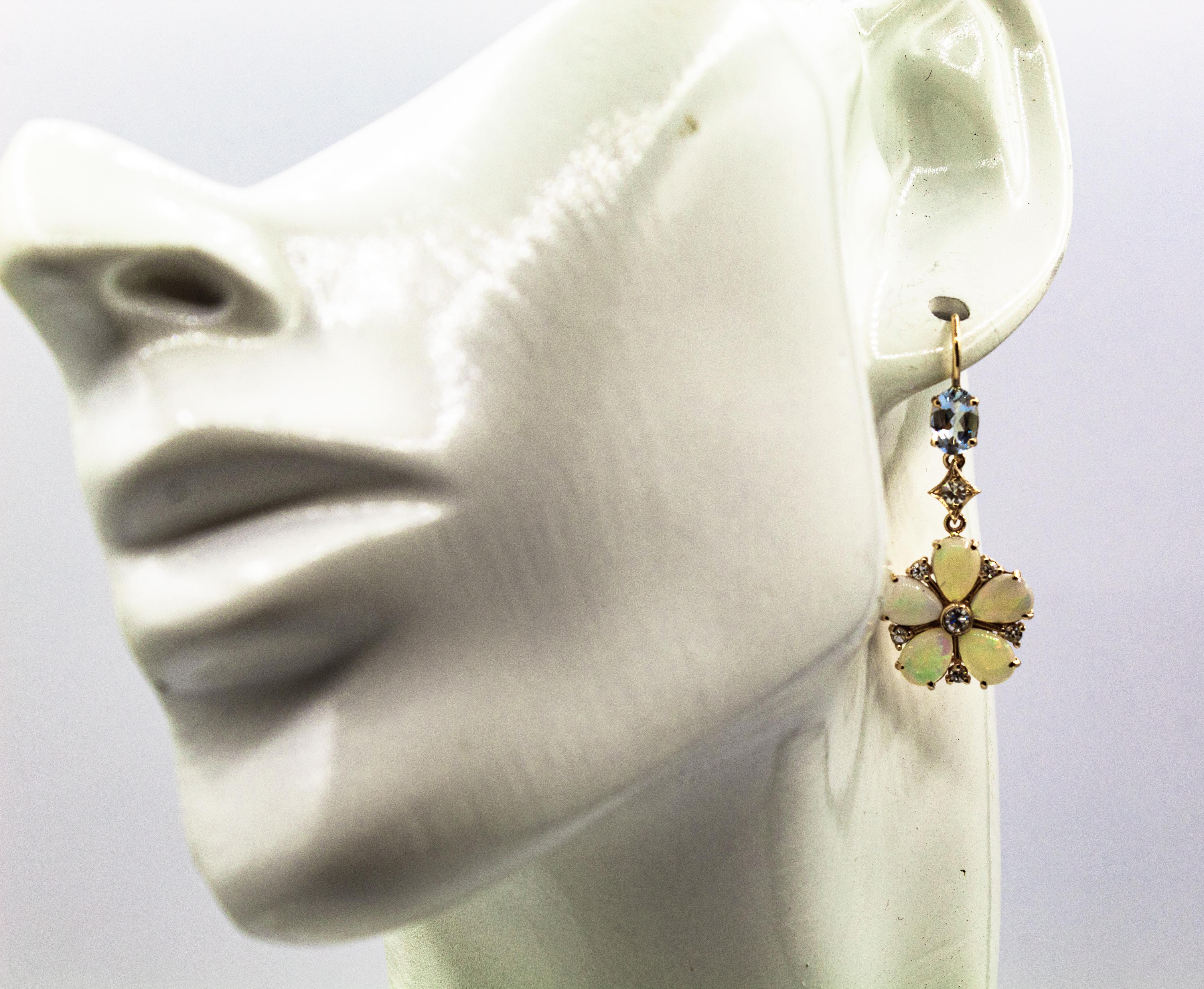 Art Nouveau Style White Diamond Opal Aquamarine Yellow Gold Drop Earrings For Sale 4