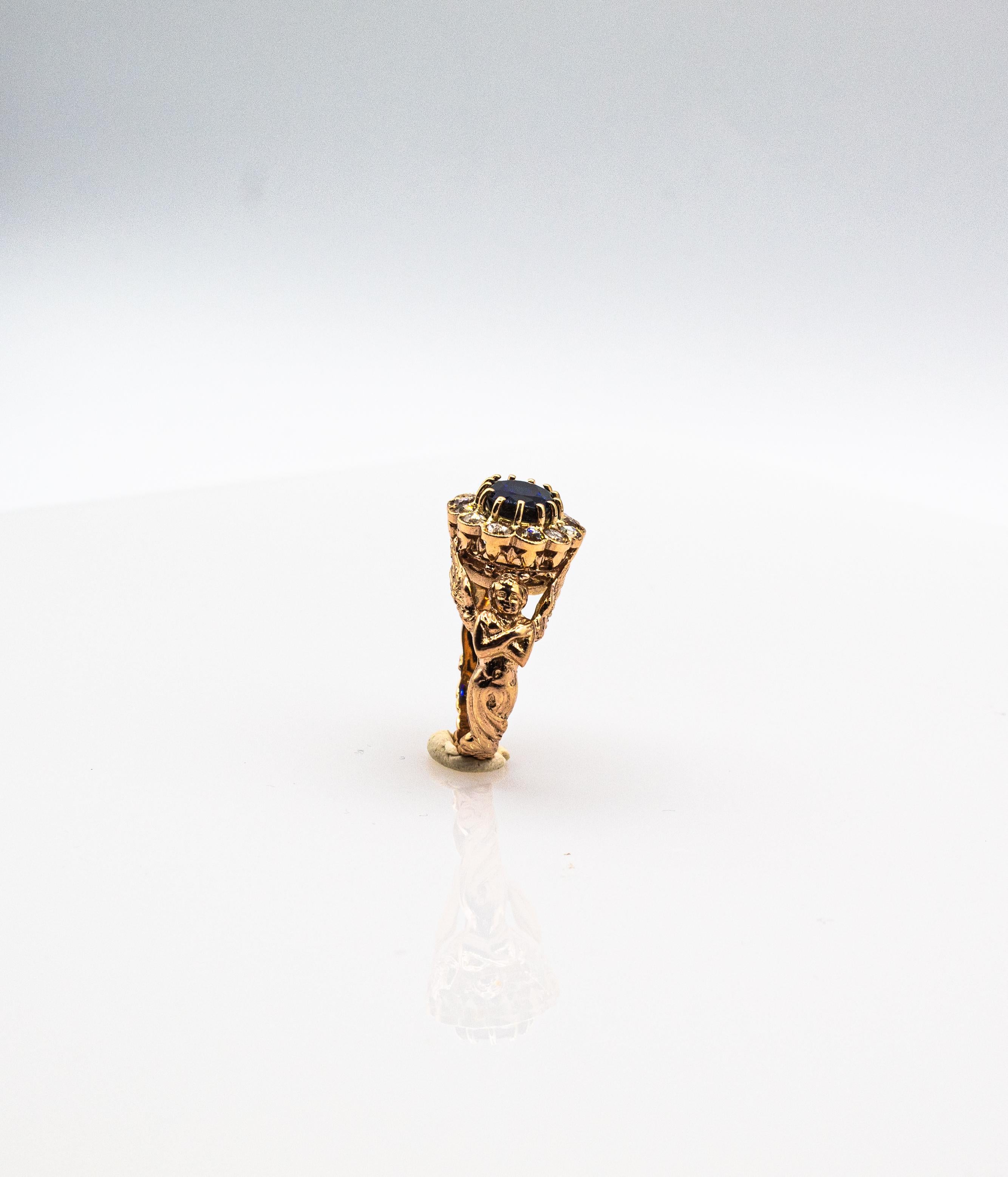 Bague cocktail de style Art Nouveau en or jaune avec diamants blancs et saphirs bleus taille ovale en vente 4