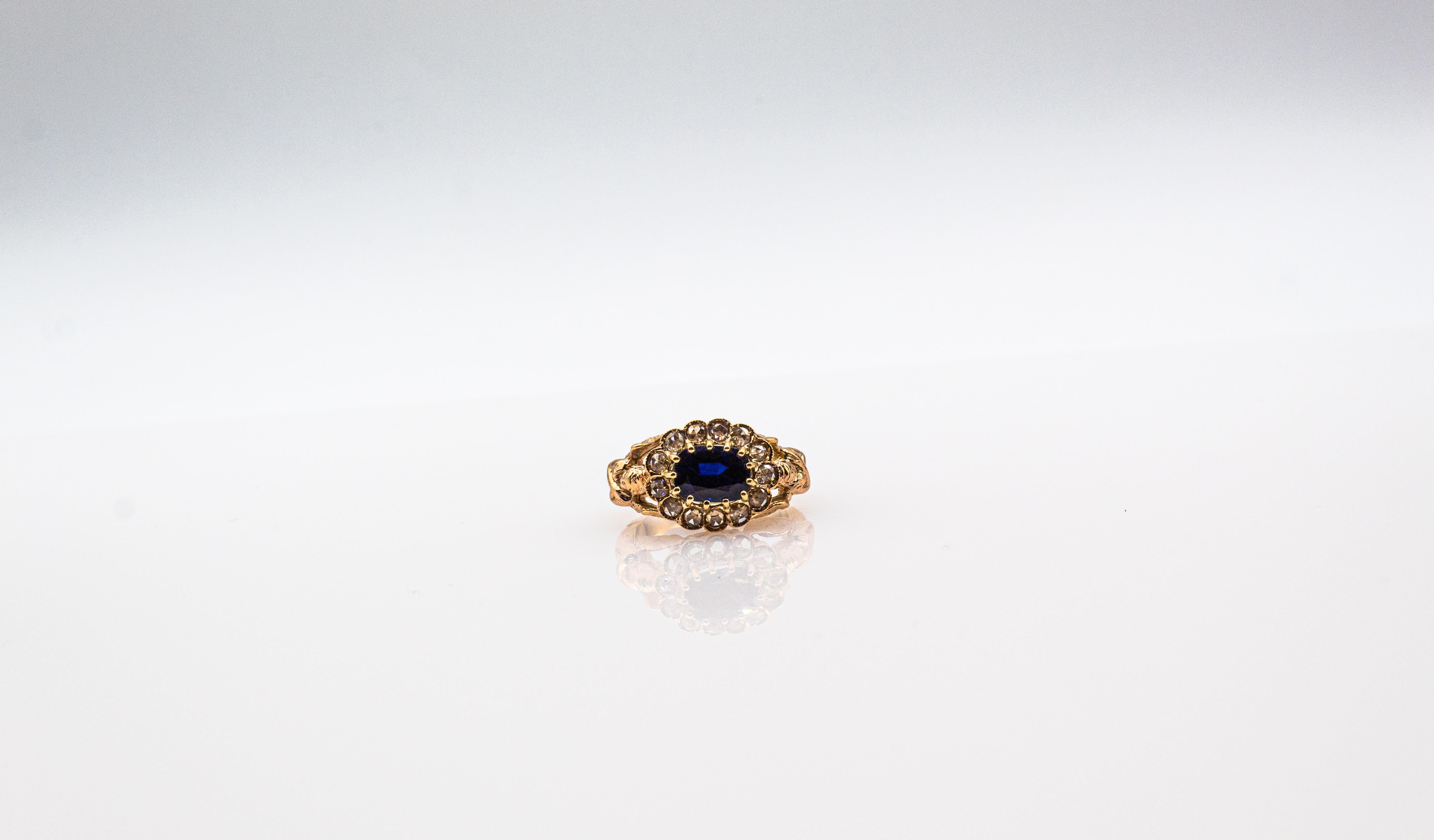 Art Nouveau Style White Diamond Oval Cut Blue Sapphire Yellow Gold Cocktail Ring For Sale 6