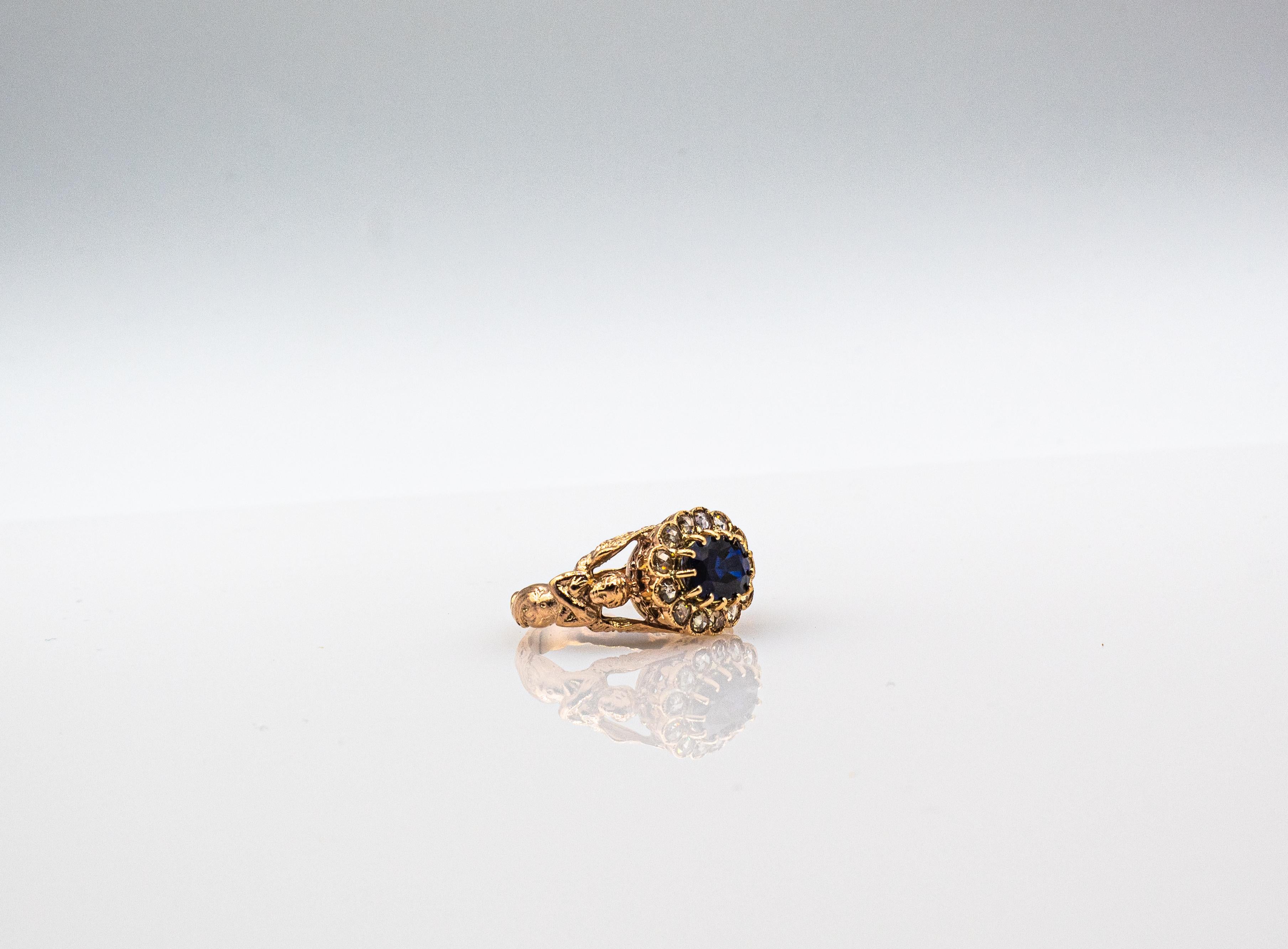 Art Nouveau Style White Diamond Oval Cut Blue Sapphire Yellow Gold Cocktail Ring 7