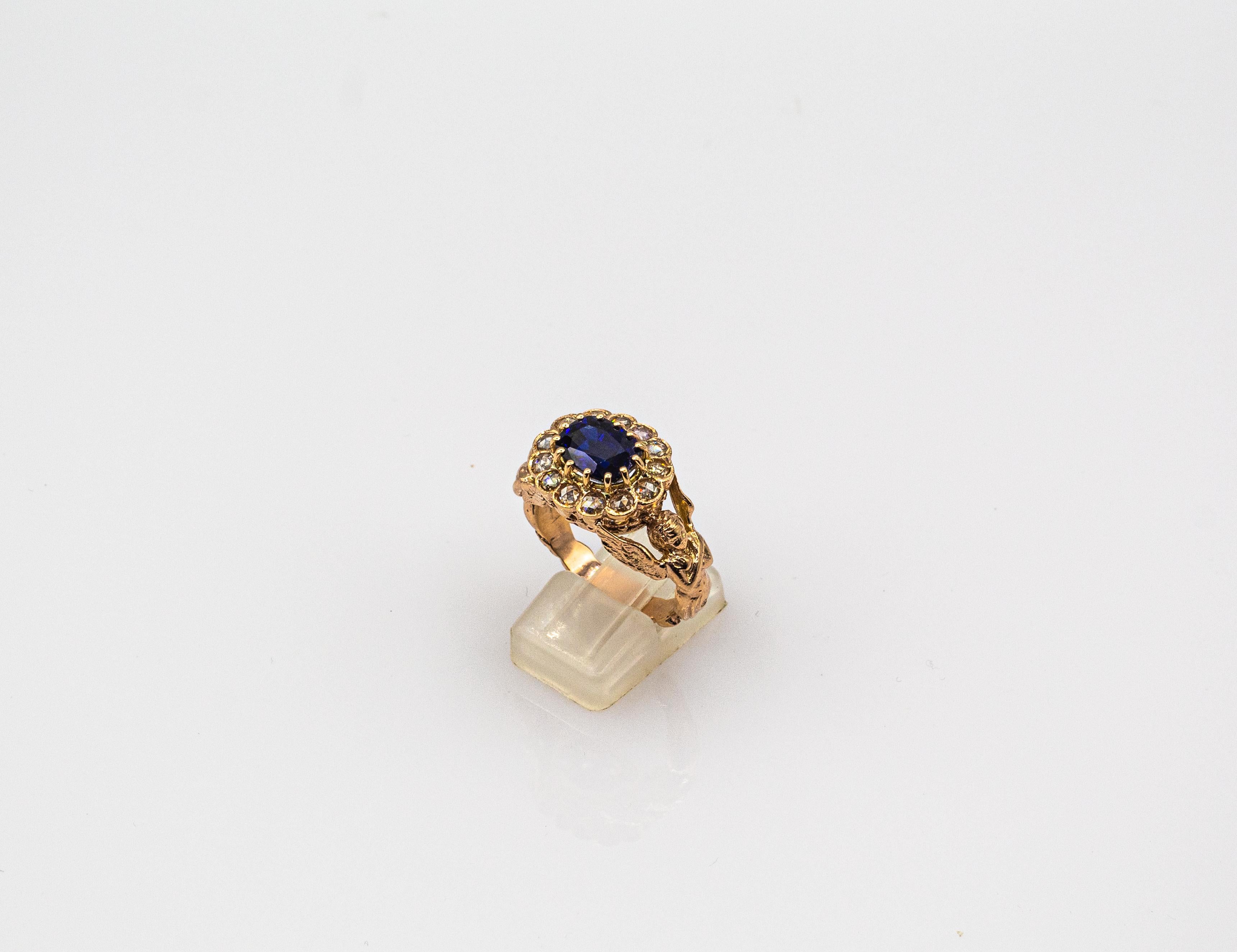 Rose Cut Art Nouveau Style White Diamond Oval Cut Blue Sapphire Yellow Gold Cocktail Ring
