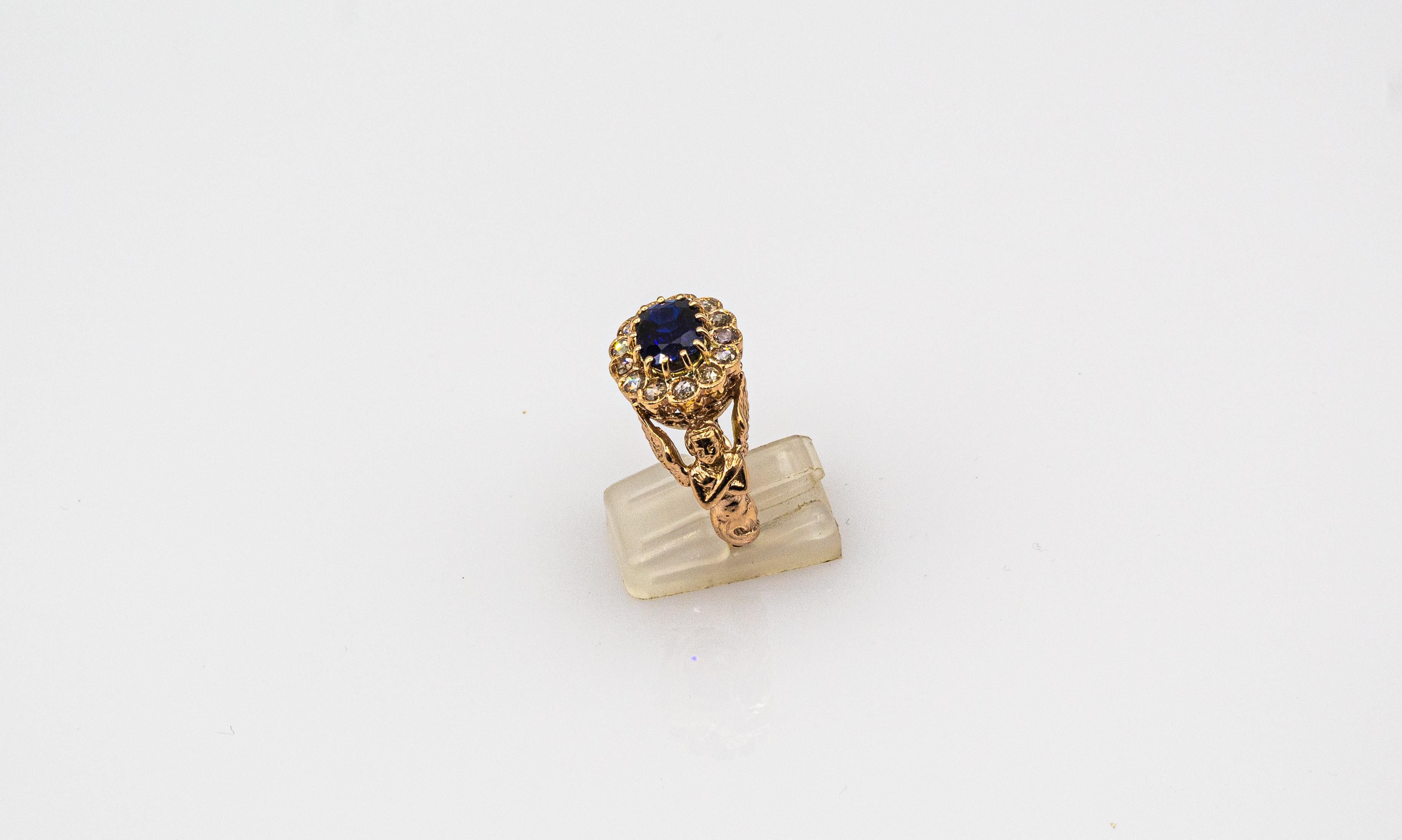 Art Nouveau Style White Diamond Oval Cut Blue Sapphire Yellow Gold Cocktail Ring In New Condition In Naples, IT