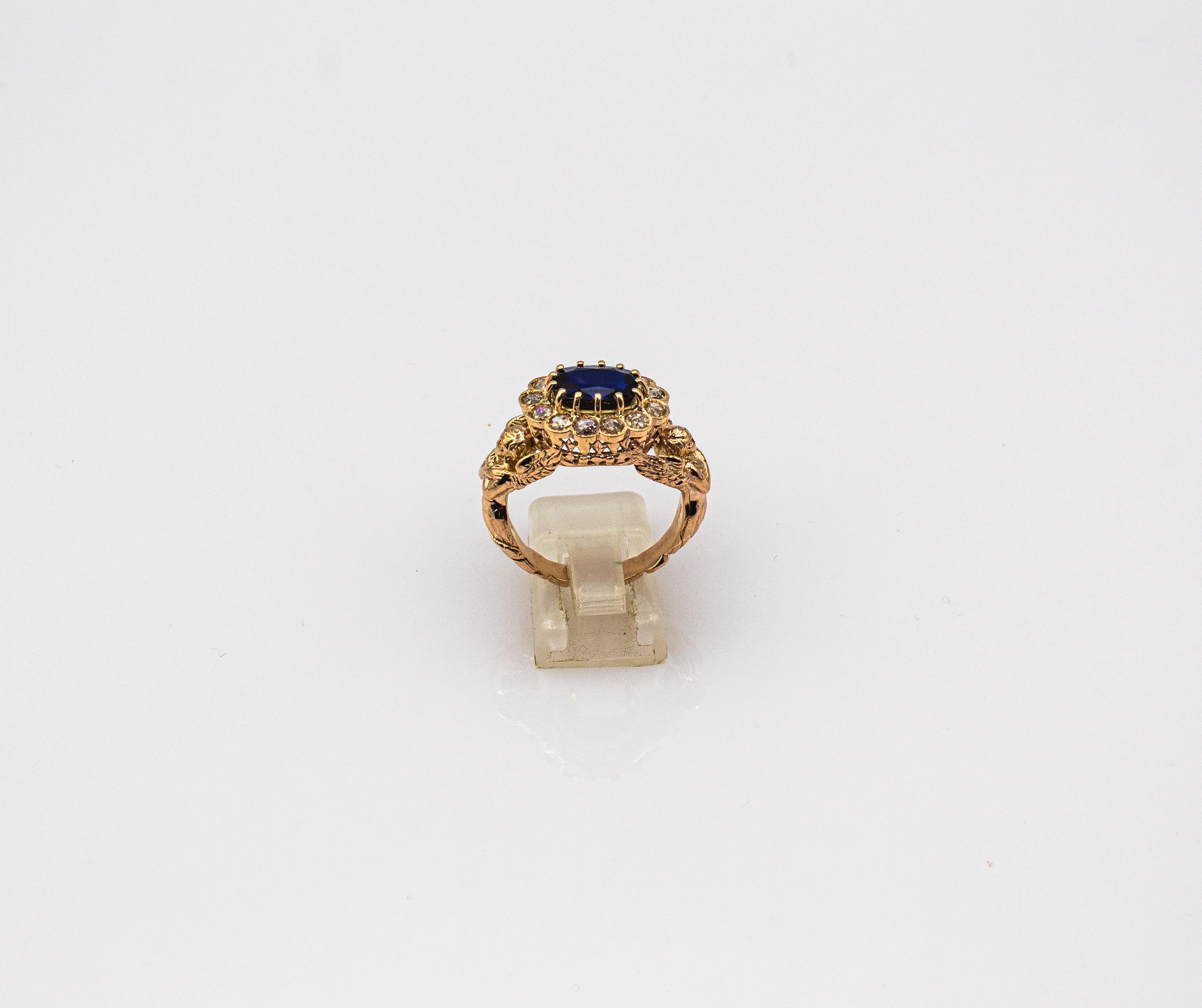 Women's or Men's Art Nouveau Style White Diamond Oval Cut Blue Sapphire Yellow Gold Cocktail Ring
