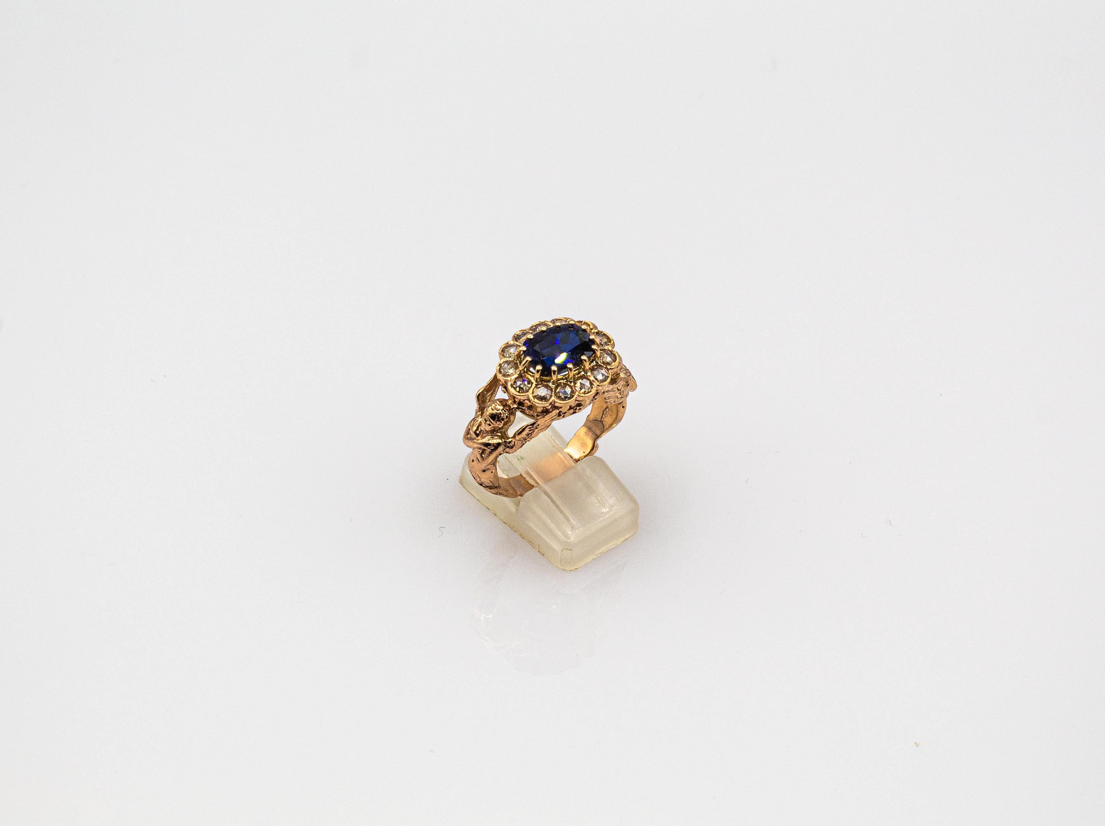 Art Nouveau Style White Diamond Oval Cut Blue Sapphire Yellow Gold Cocktail Ring For Sale 1
