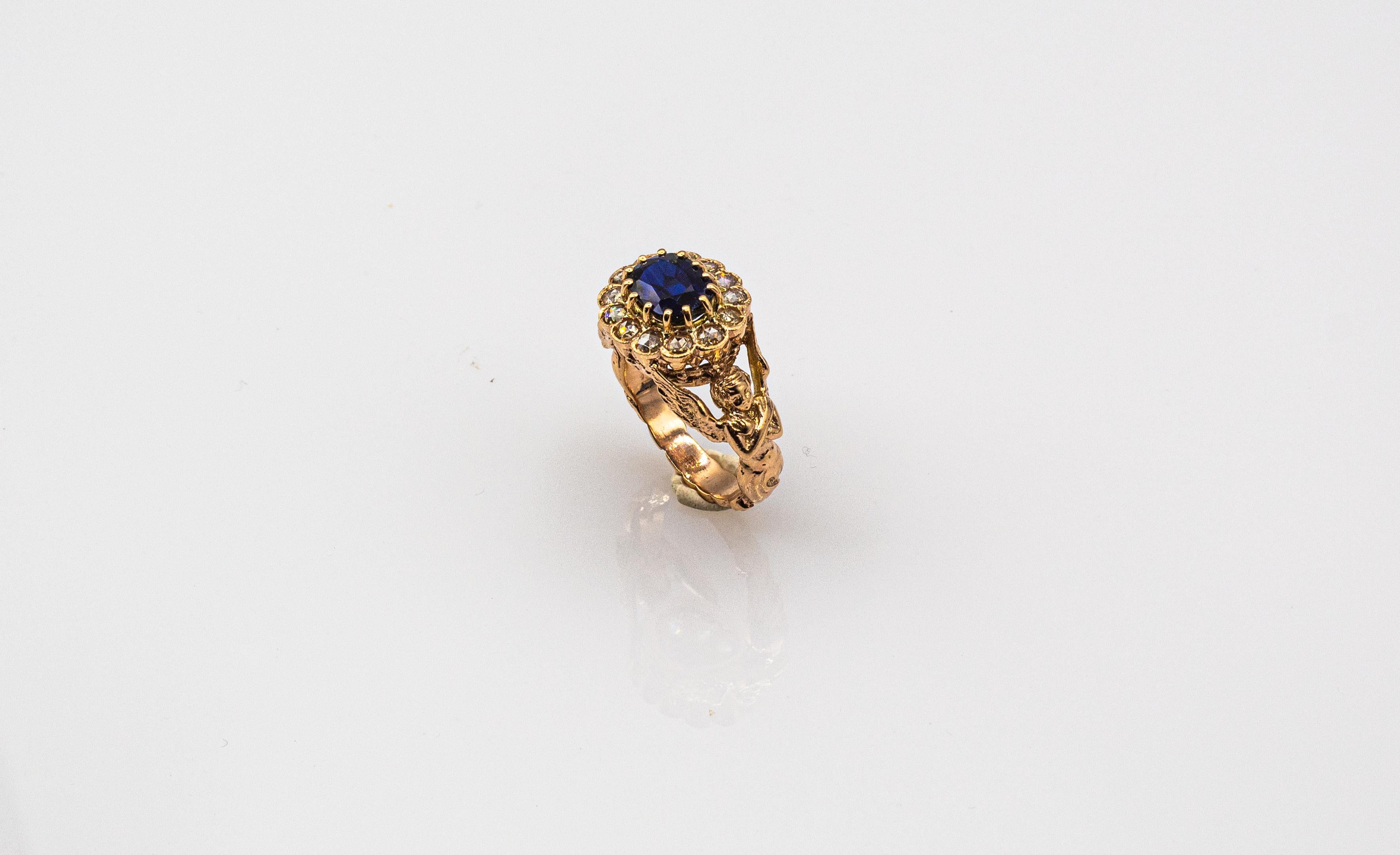 Art Nouveau Style White Diamond Oval Cut Blue Sapphire Yellow Gold Cocktail Ring For Sale 2