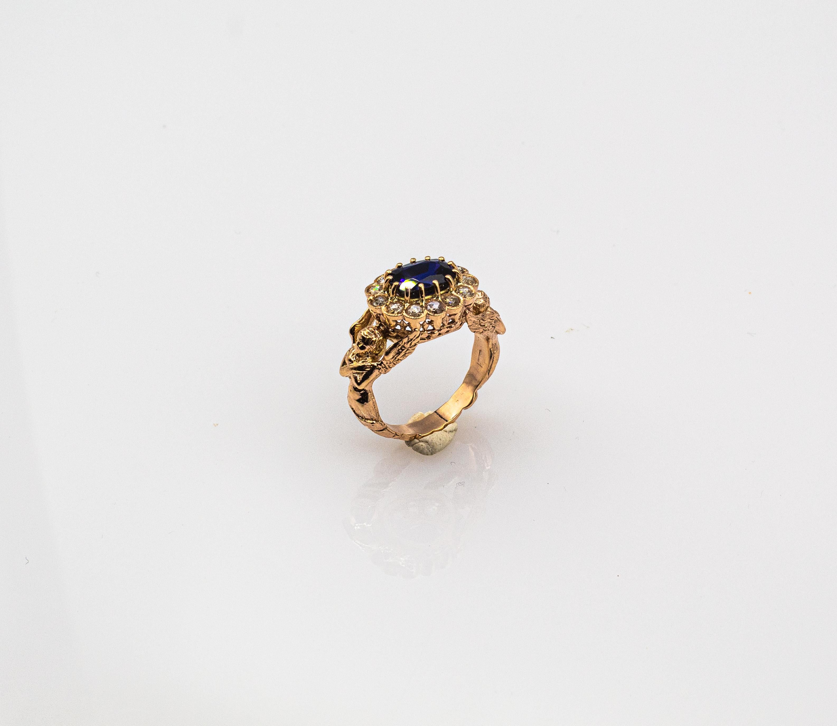 Art Nouveau Style White Diamond Oval Cut Blue Sapphire Yellow Gold Cocktail Ring For Sale 3