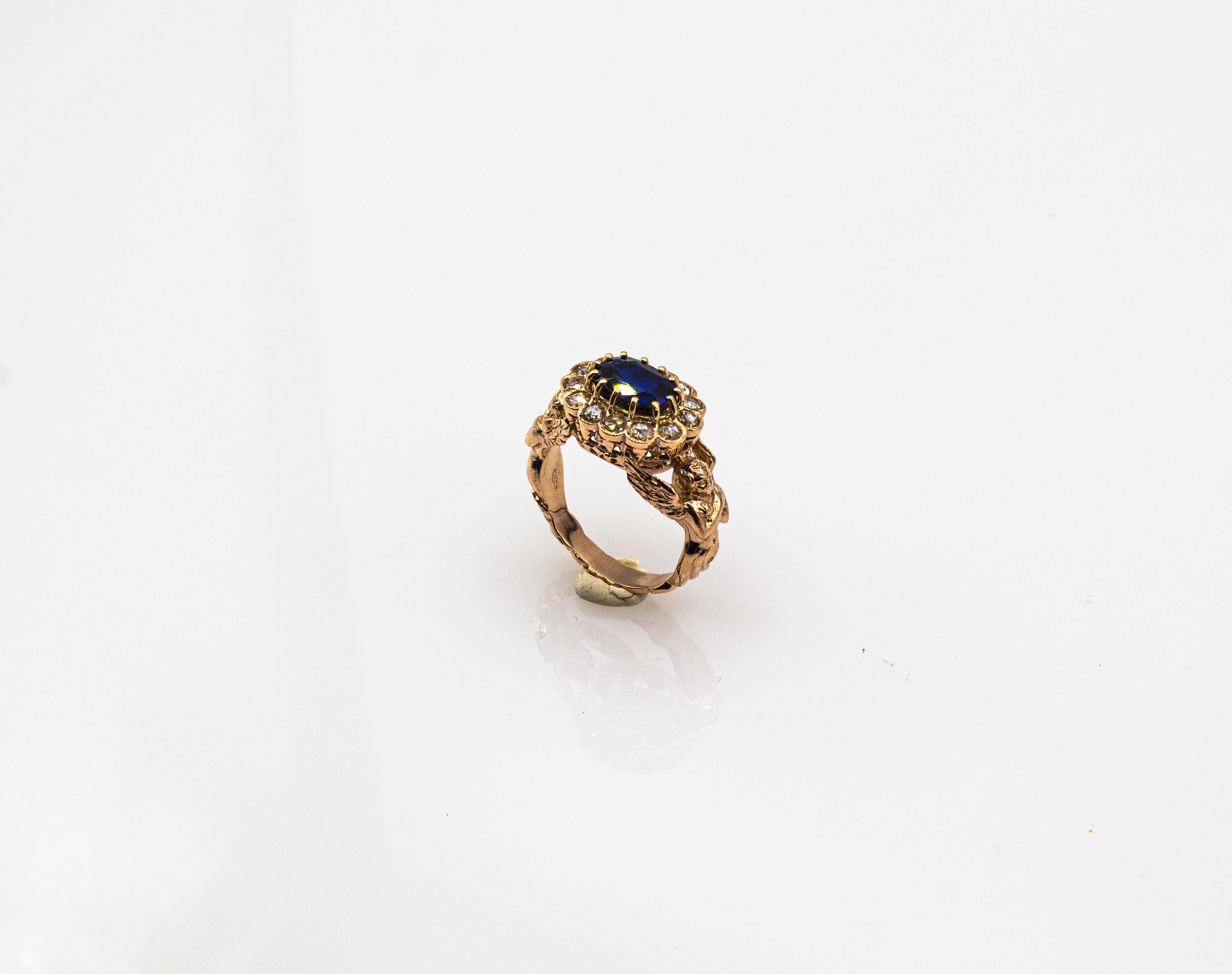 Art Nouveau Style White Diamond Oval Cut Blue Sapphire Yellow Gold Cocktail Ring For Sale 4