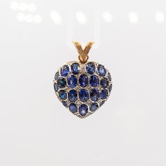 Art Nouveau Style White Diamond Oval Cut Blue Sapphire Yellow Gold Heart Pendant