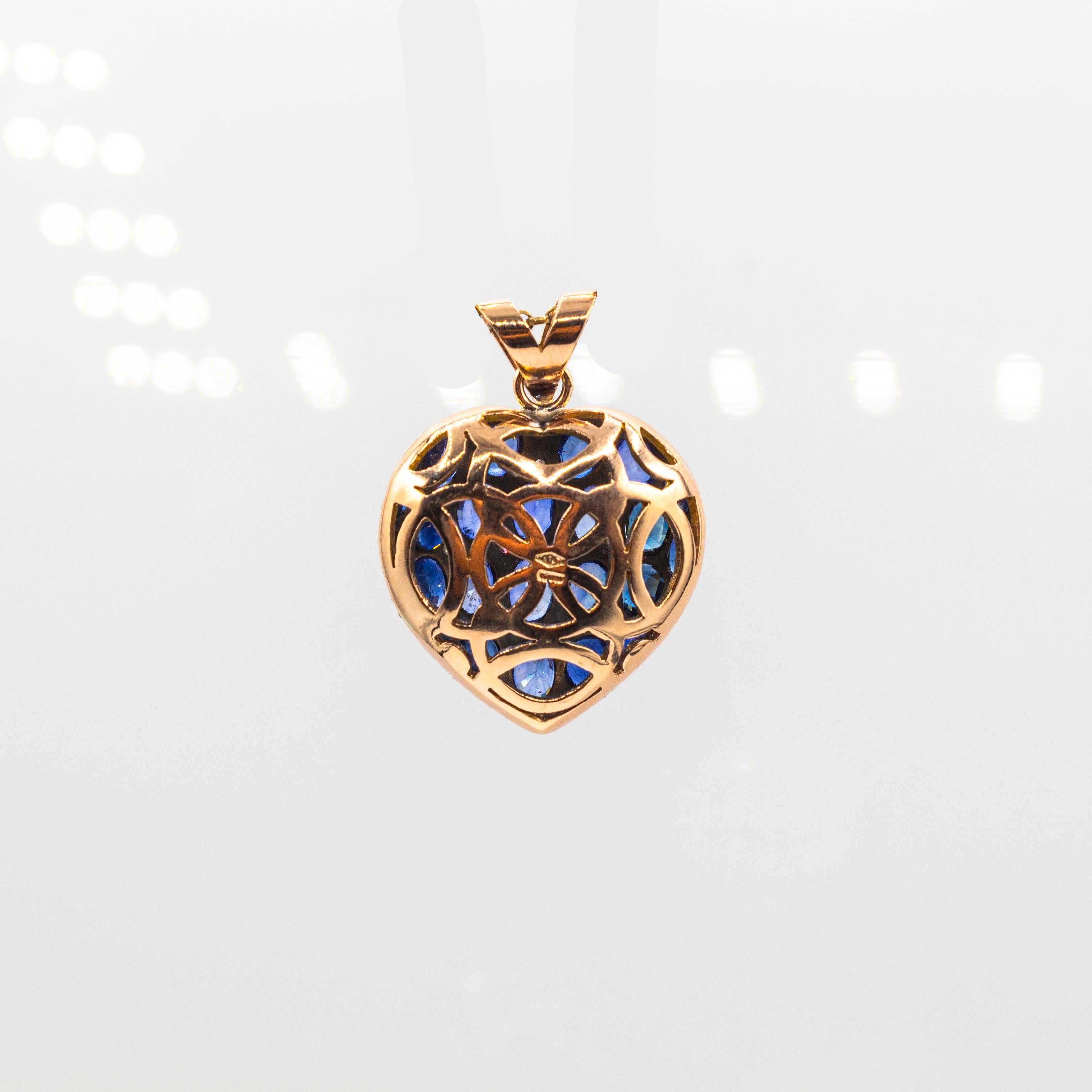 Art Nouveau Style White Diamond Oval Cut Blue Sapphire Yellow Gold Heart Pendant For Sale 1