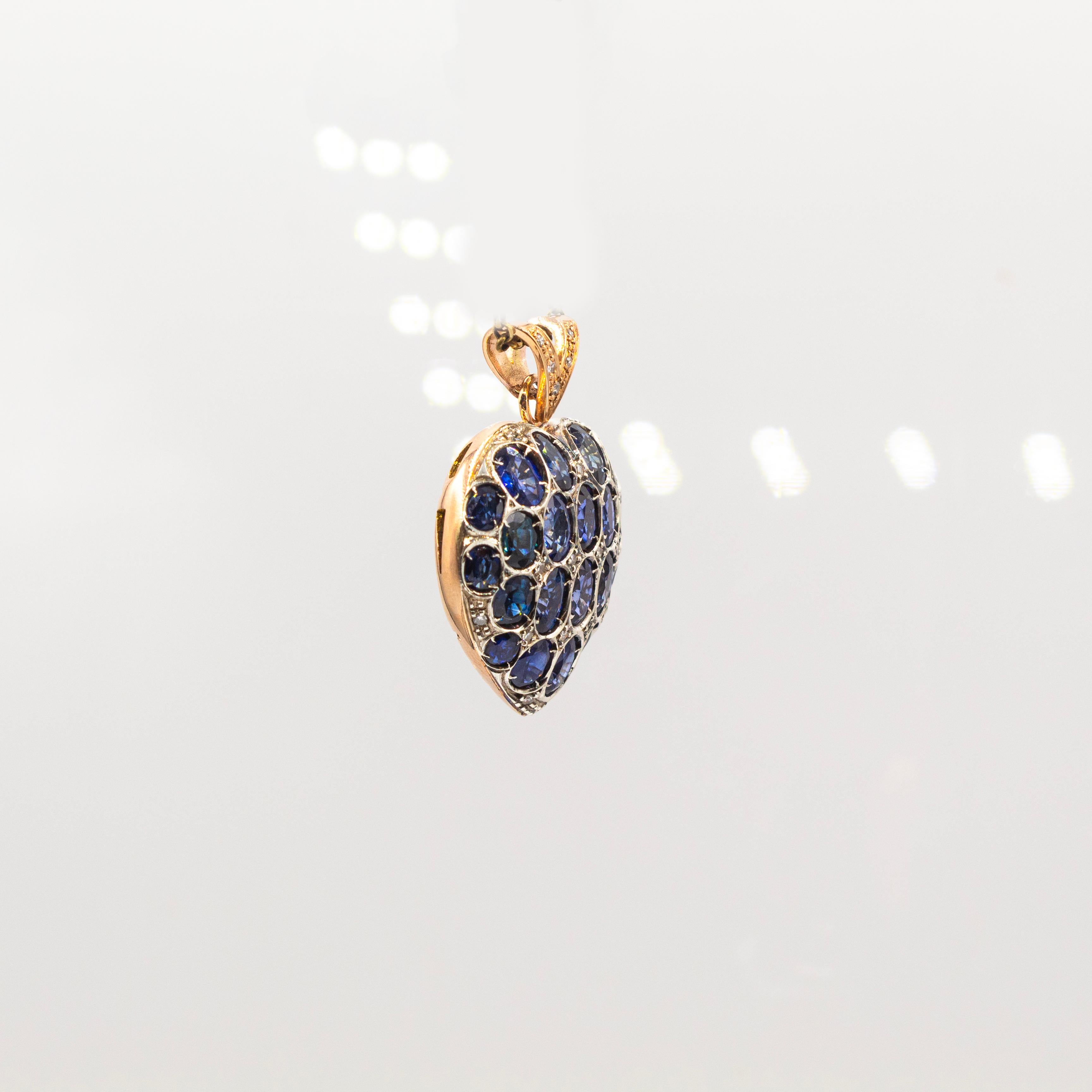 Art Nouveau Style White Diamond Oval Cut Blue Sapphire Yellow Gold Heart Pendant For Sale 2