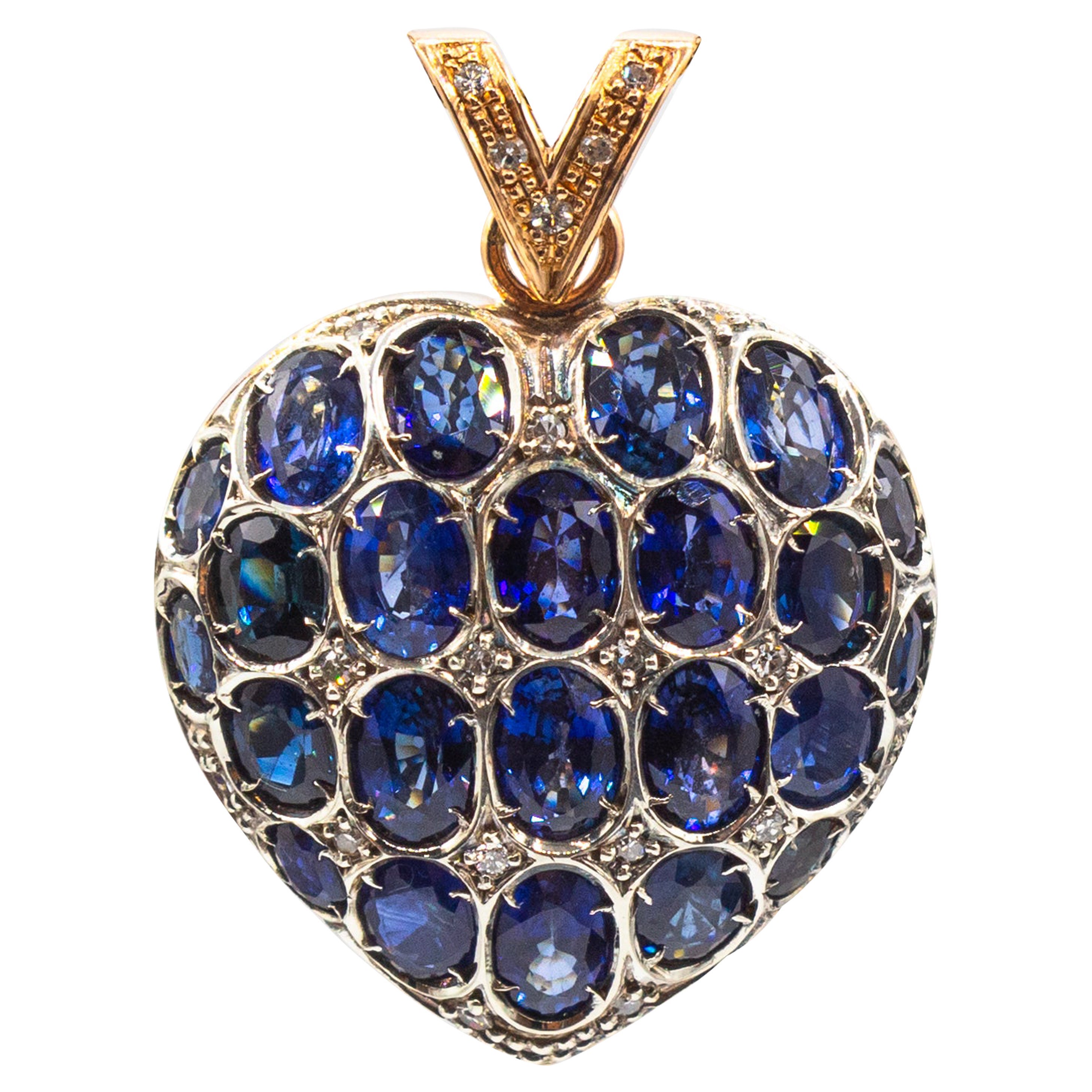 Art Nouveau Style Weißer Diamant Ovalschliff Blauer Saphir Gelbgold Herzanhänger