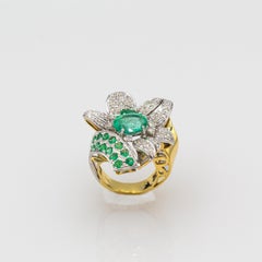 Art Nouveau Style White Diamond Oval Cut Emerald White Gold Cocktail Ring