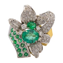 Art Nouveau Style White Diamond Oval Cut Emerald White Gold Cocktail Ring