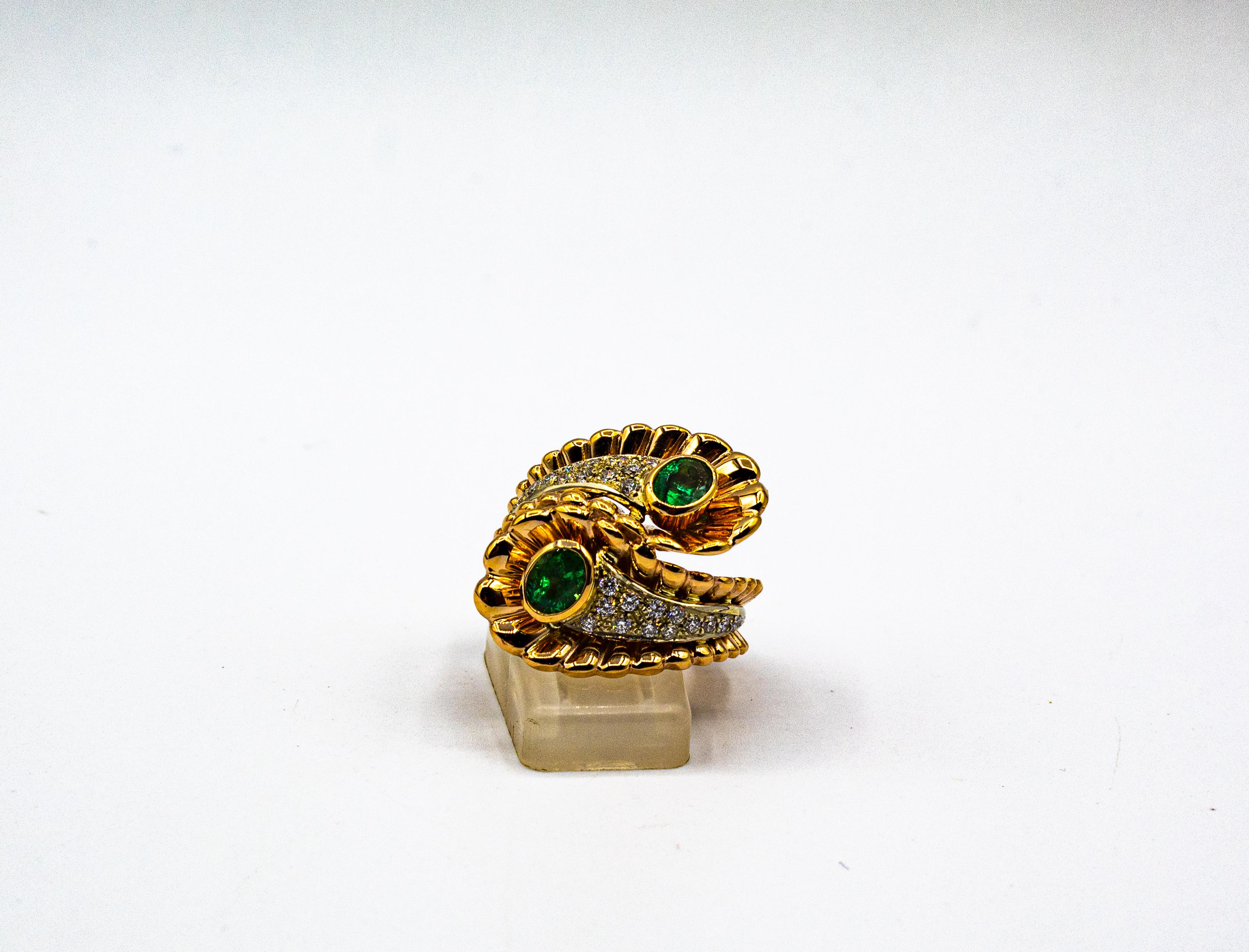 Art Nouveau Style White Diamond Oval Cut Emerald Yellow Gold Cocktail Ring For Sale 6