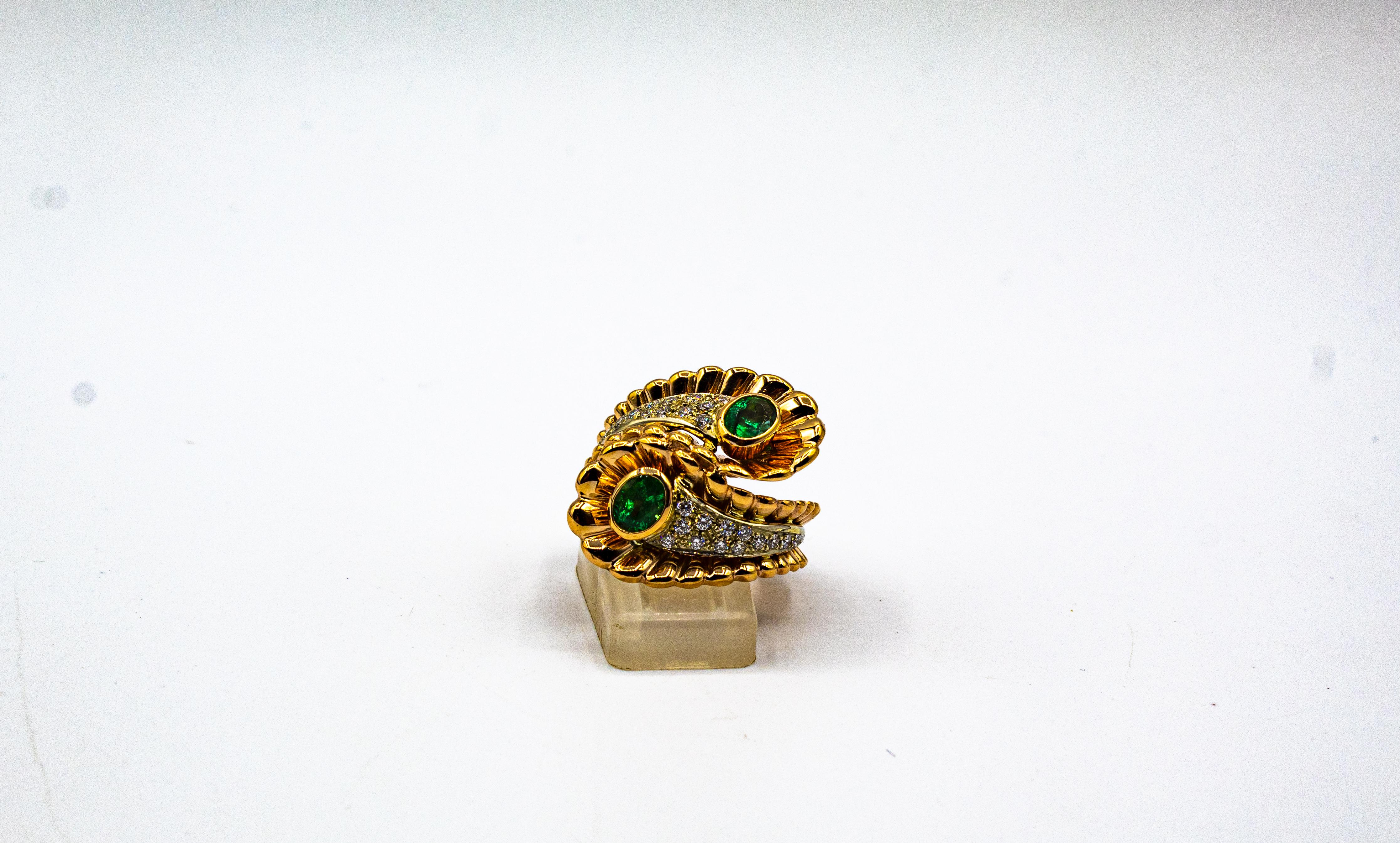 Weißer Diamant Ovalschliff Smaragd Gelbgold Cocktail-Ring im Art nouveau-Stil 7