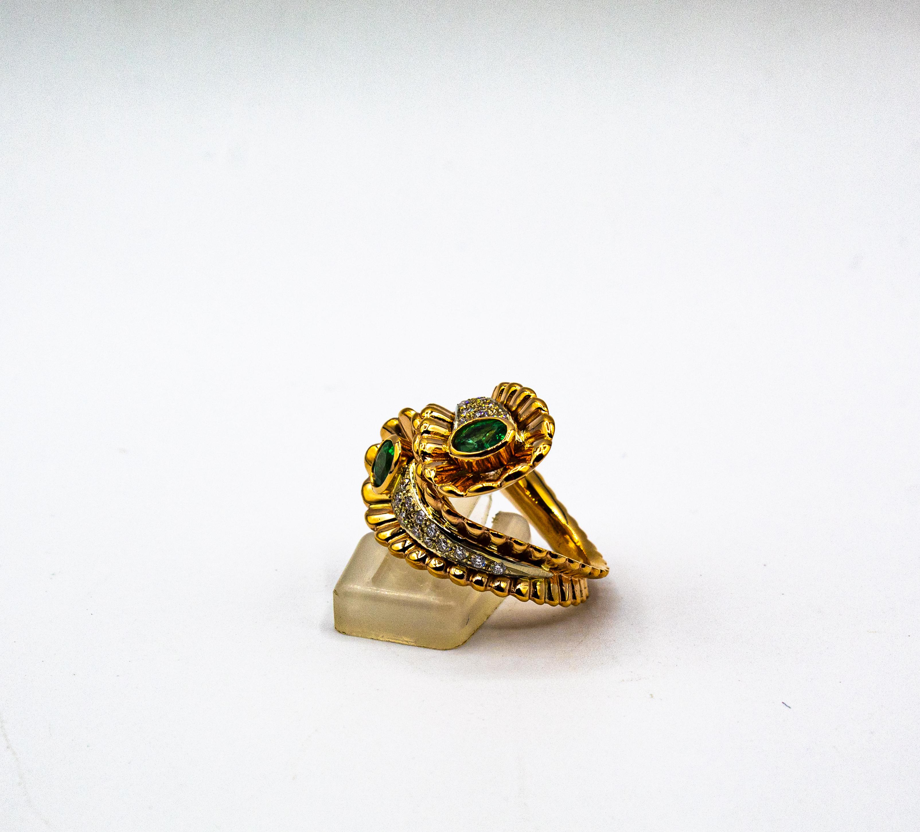 Weißer Diamant Ovalschliff Smaragd Gelbgold Cocktail-Ring im Art nouveau-Stil 8