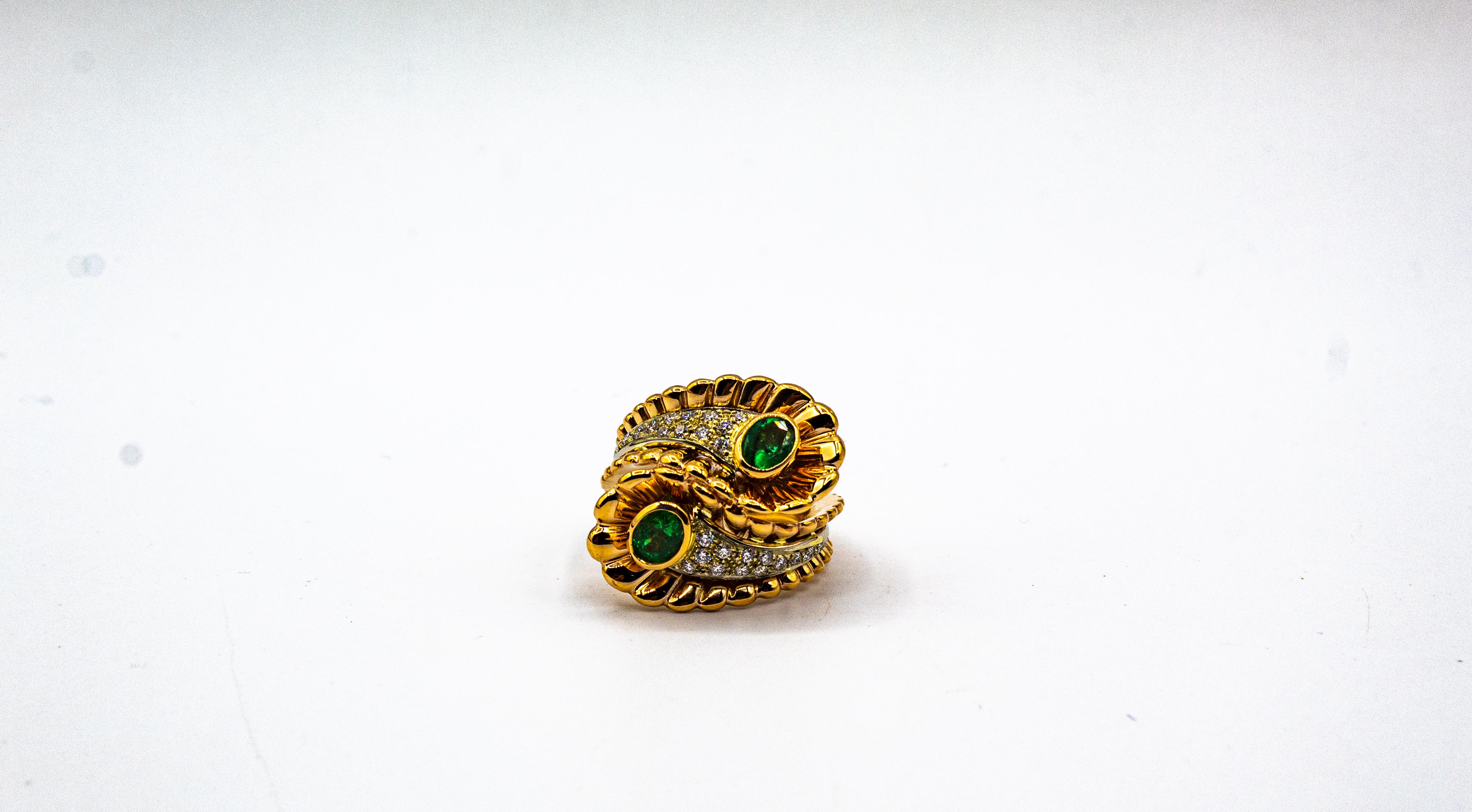 Weißer Diamant Ovalschliff Smaragd Gelbgold Cocktail-Ring im Art nouveau-Stil 9