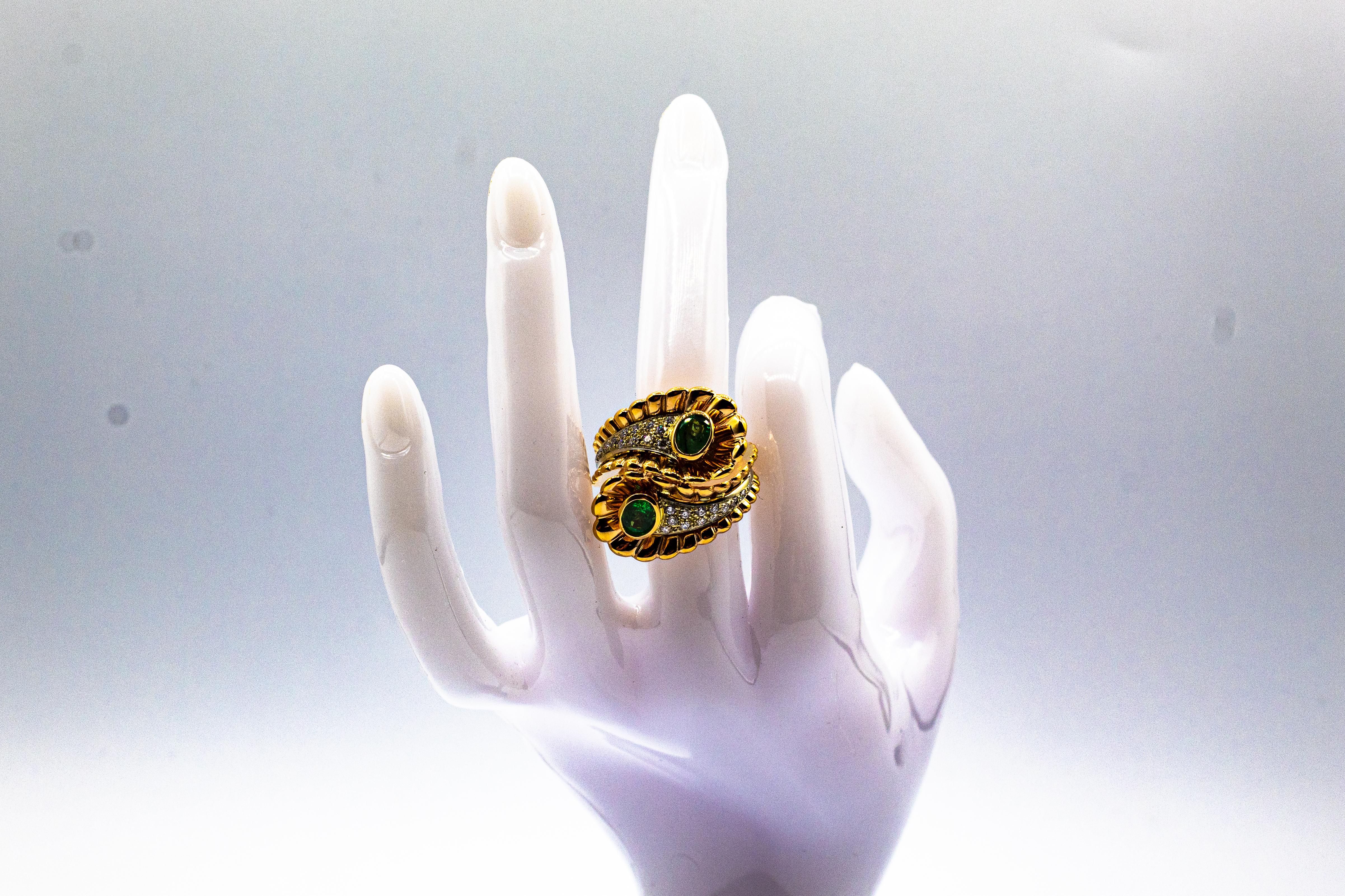 Weißer Diamant Ovalschliff Smaragd Gelbgold Cocktail-Ring im Art nouveau-Stil 14