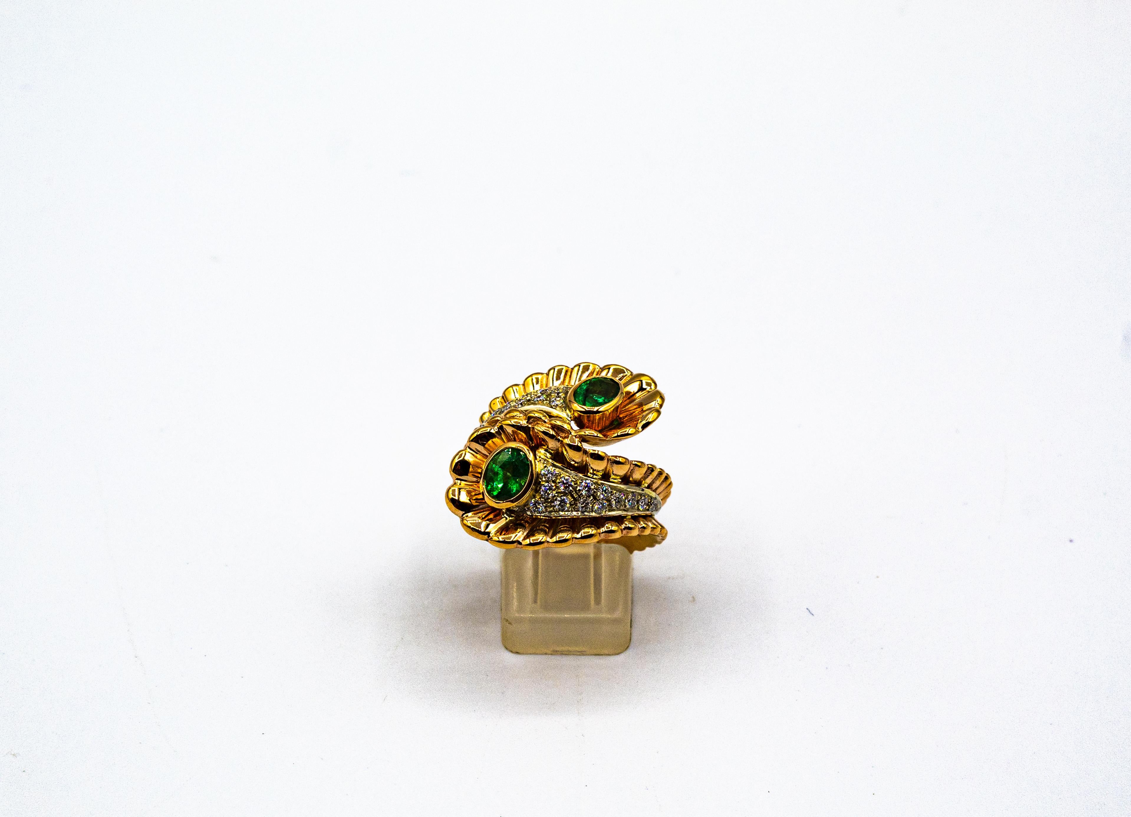Art Nouveau Style White Diamond Oval Cut Emerald Yellow Gold Cocktail Ring In New Condition For Sale In Naples, IT