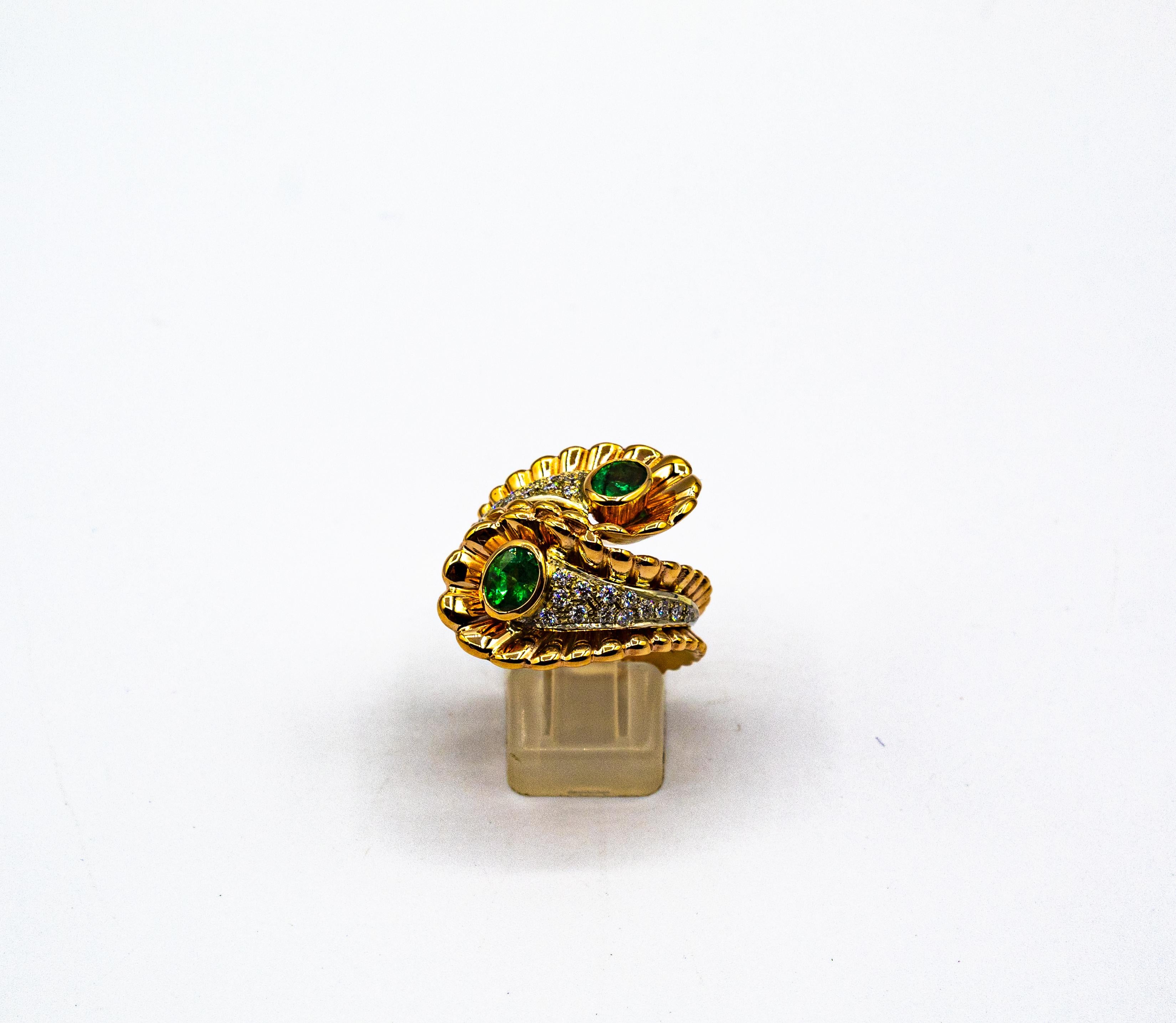 Women's or Men's Art Nouveau Style White Diamond Oval Cut Emerald Yellow Gold Cocktail Ring For Sale