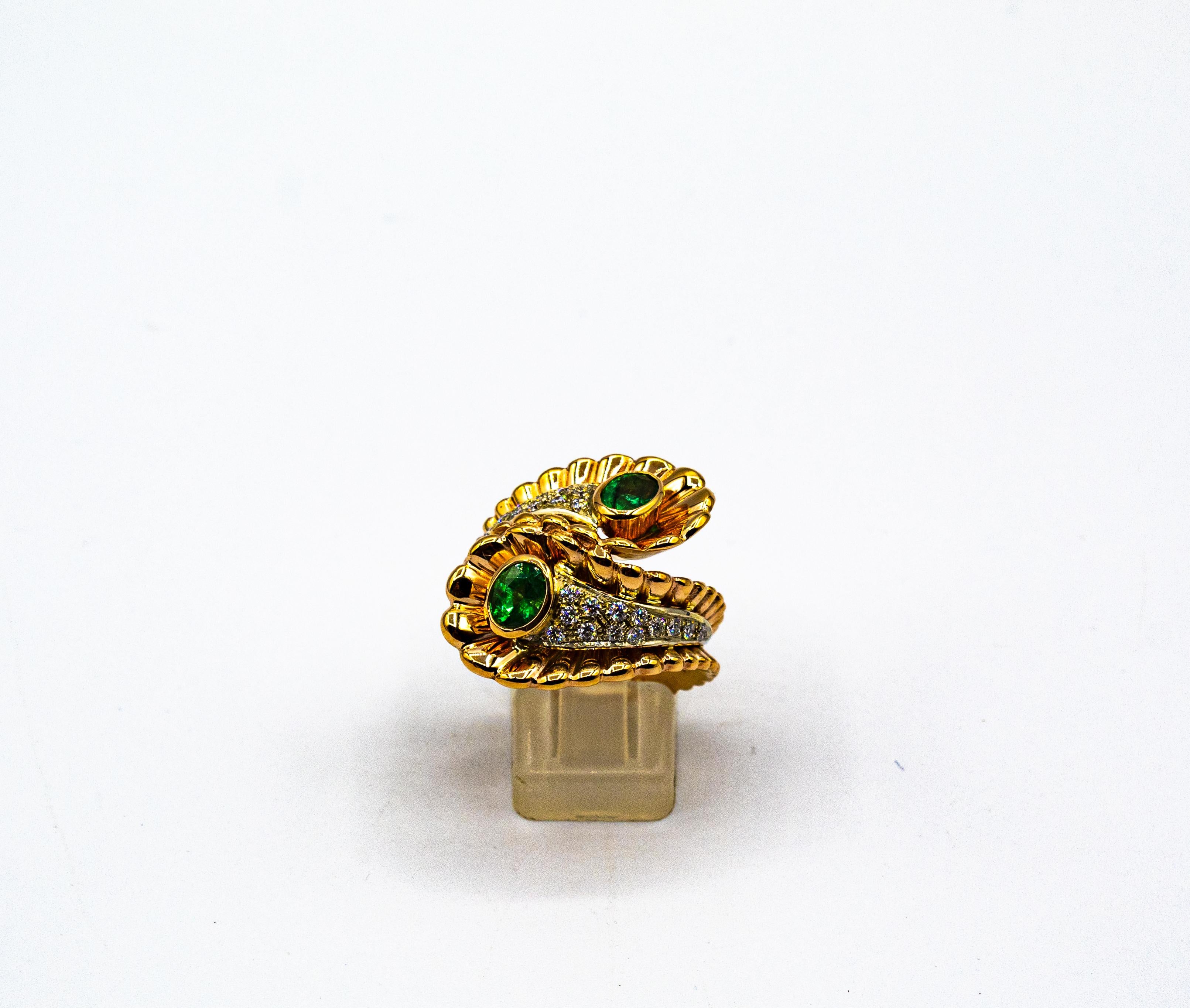Weißer Diamant Ovalschliff Smaragd Gelbgold Cocktail-Ring im Art nouveau-Stil 1
