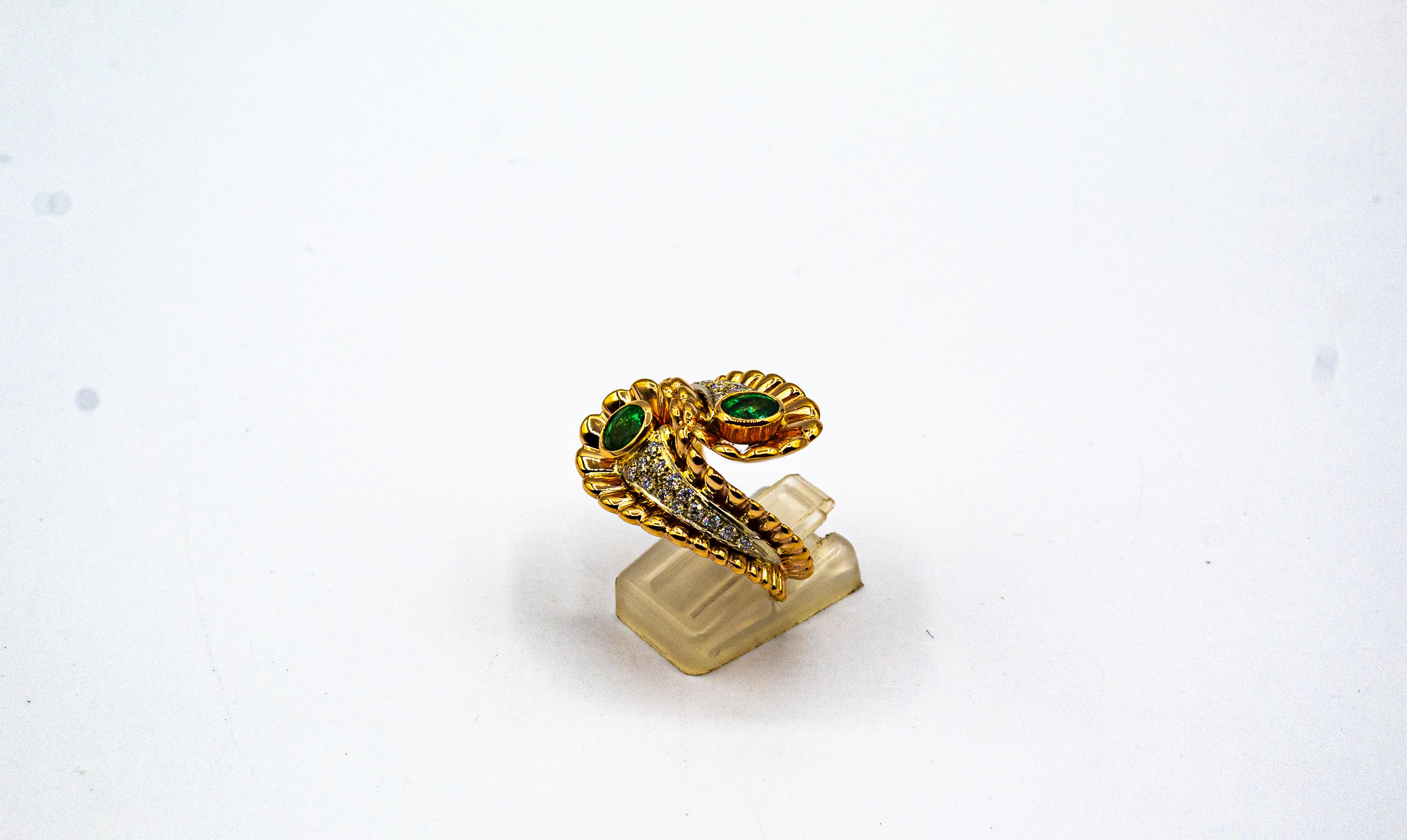 Weißer Diamant Ovalschliff Smaragd Gelbgold Cocktail-Ring im Art nouveau-Stil 2