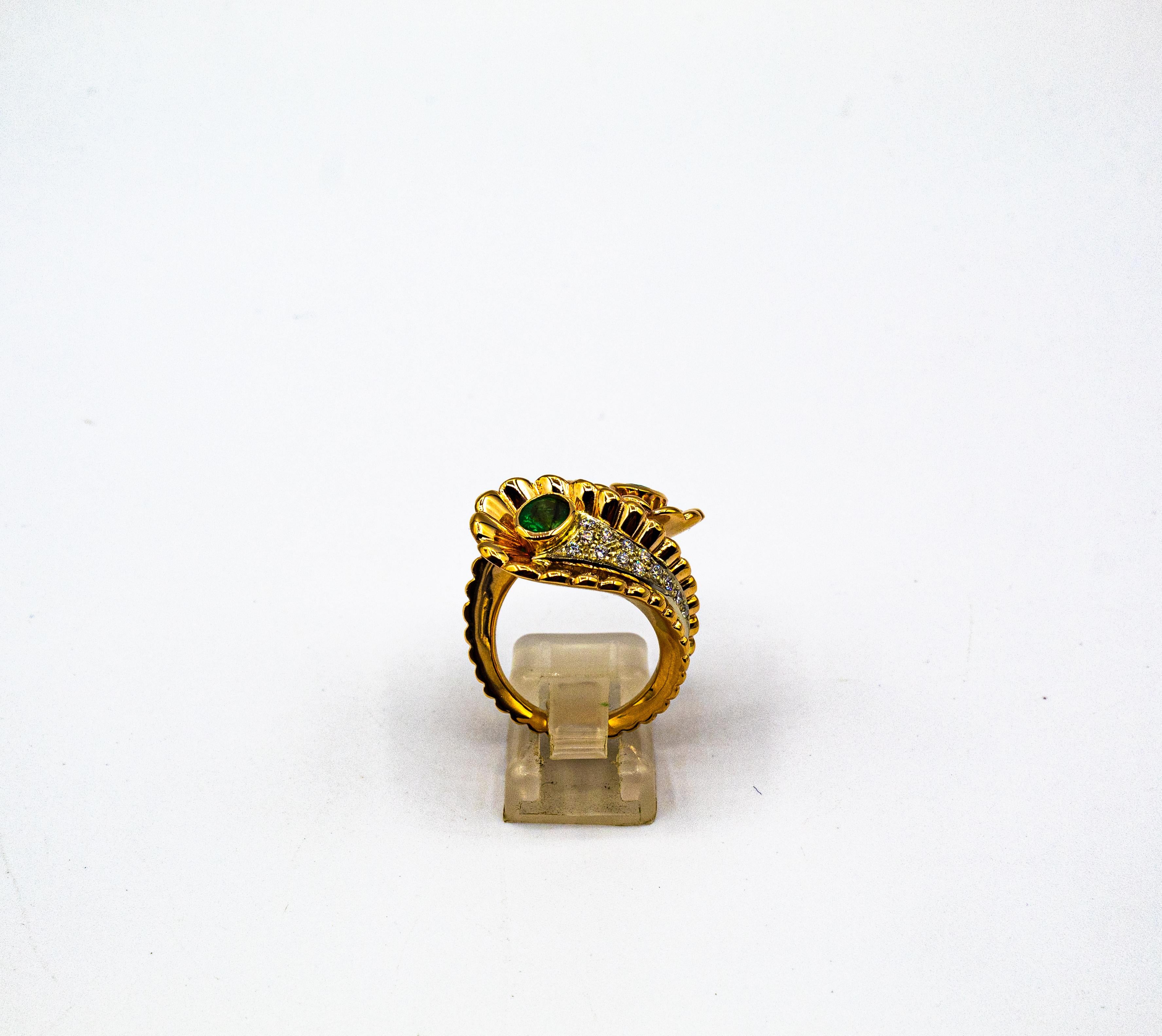 Weißer Diamant Ovalschliff Smaragd Gelbgold Cocktail-Ring im Art nouveau-Stil 3