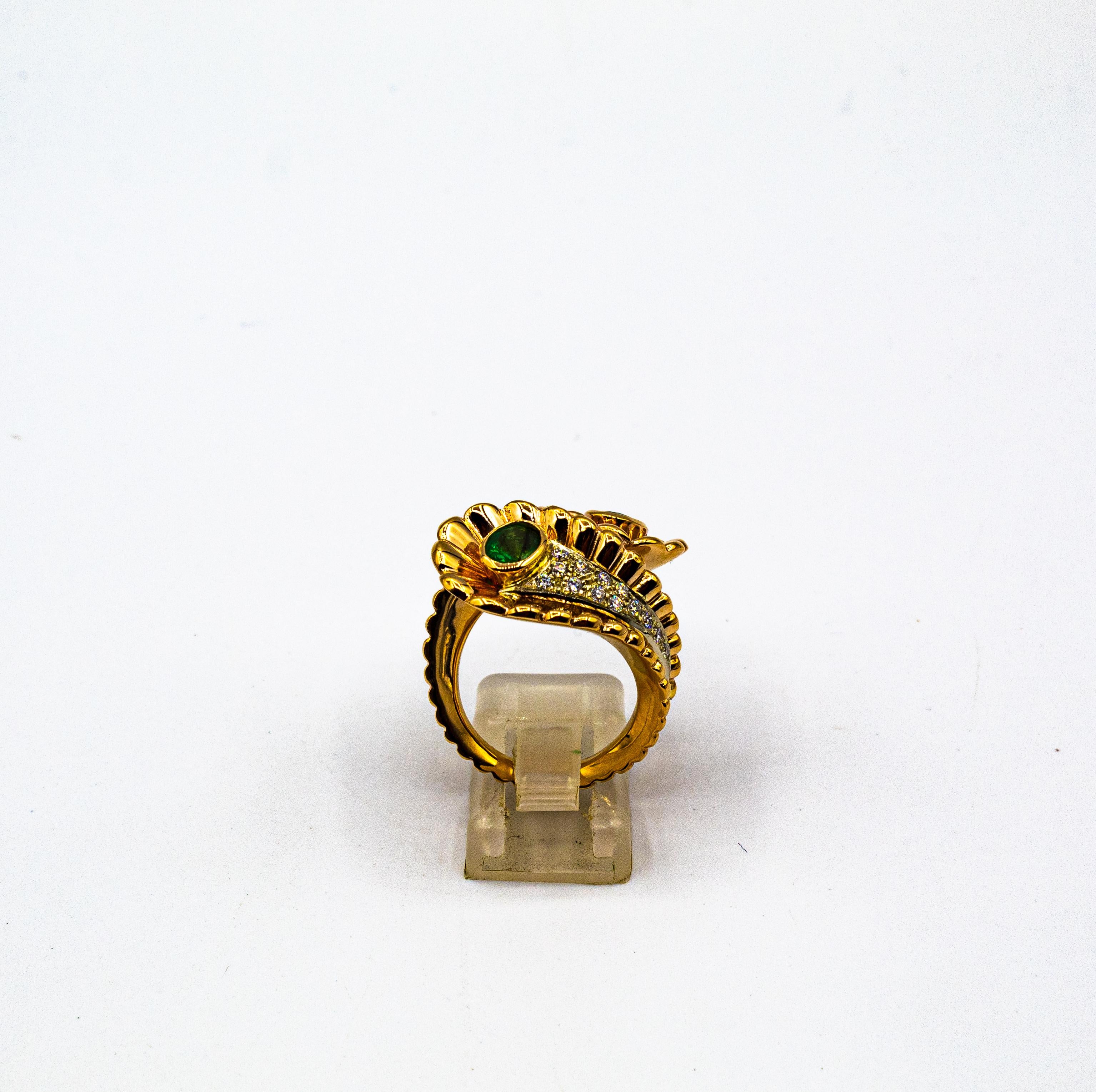 Weißer Diamant Ovalschliff Smaragd Gelbgold Cocktail-Ring im Art nouveau-Stil 4