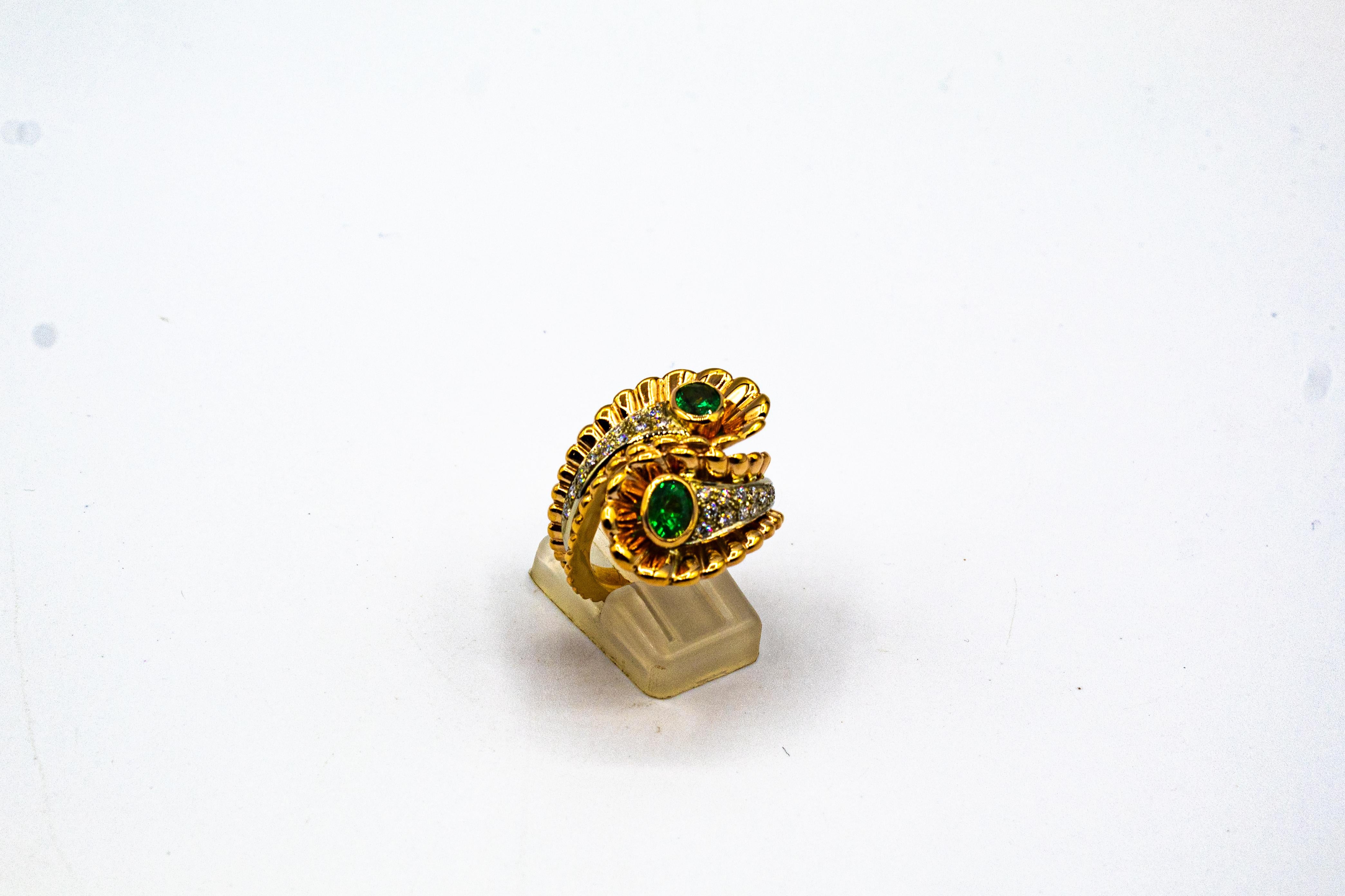 Weißer Diamant Ovalschliff Smaragd Gelbgold Cocktail-Ring im Art nouveau-Stil 5
