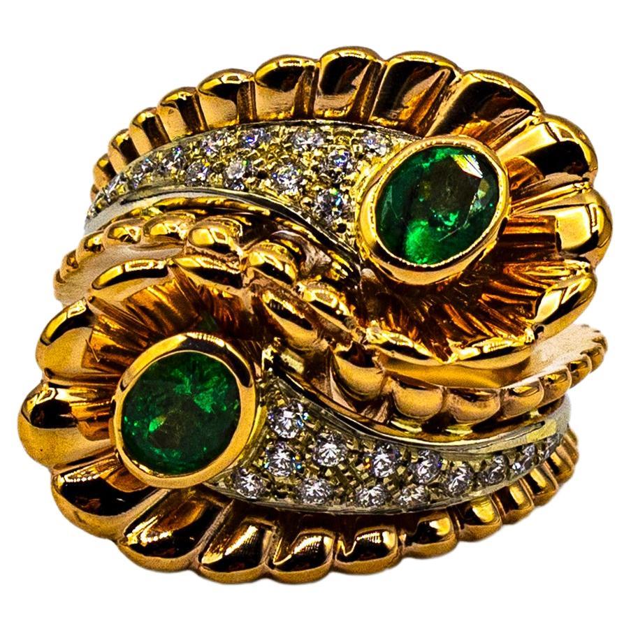 Art Nouveau Style White Diamond Oval Cut Emerald Yellow Gold Cocktail Ring