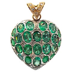 Art Nouveau Style White Diamond Oval Cut Emerald Yellow Gold "Heart" Pendant