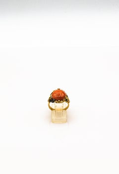 Art Nouveau Style White Diamond Peach Coral Enamel Yellow Gold Cocktail Ring