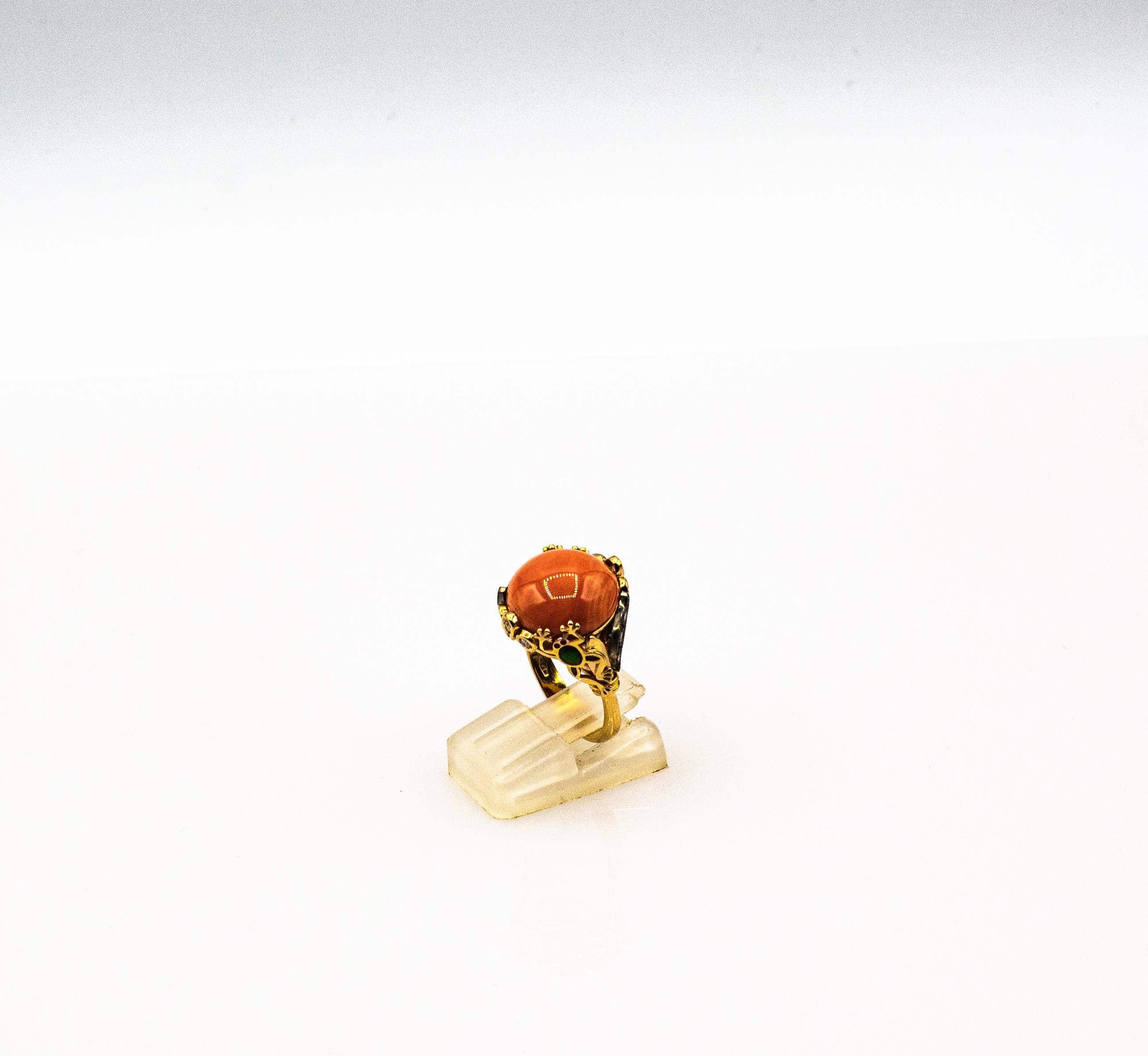 Art Nouveau Style White Diamond Peach Coral Enamel Yellow Gold Cocktail Ring In New Condition In Naples, IT