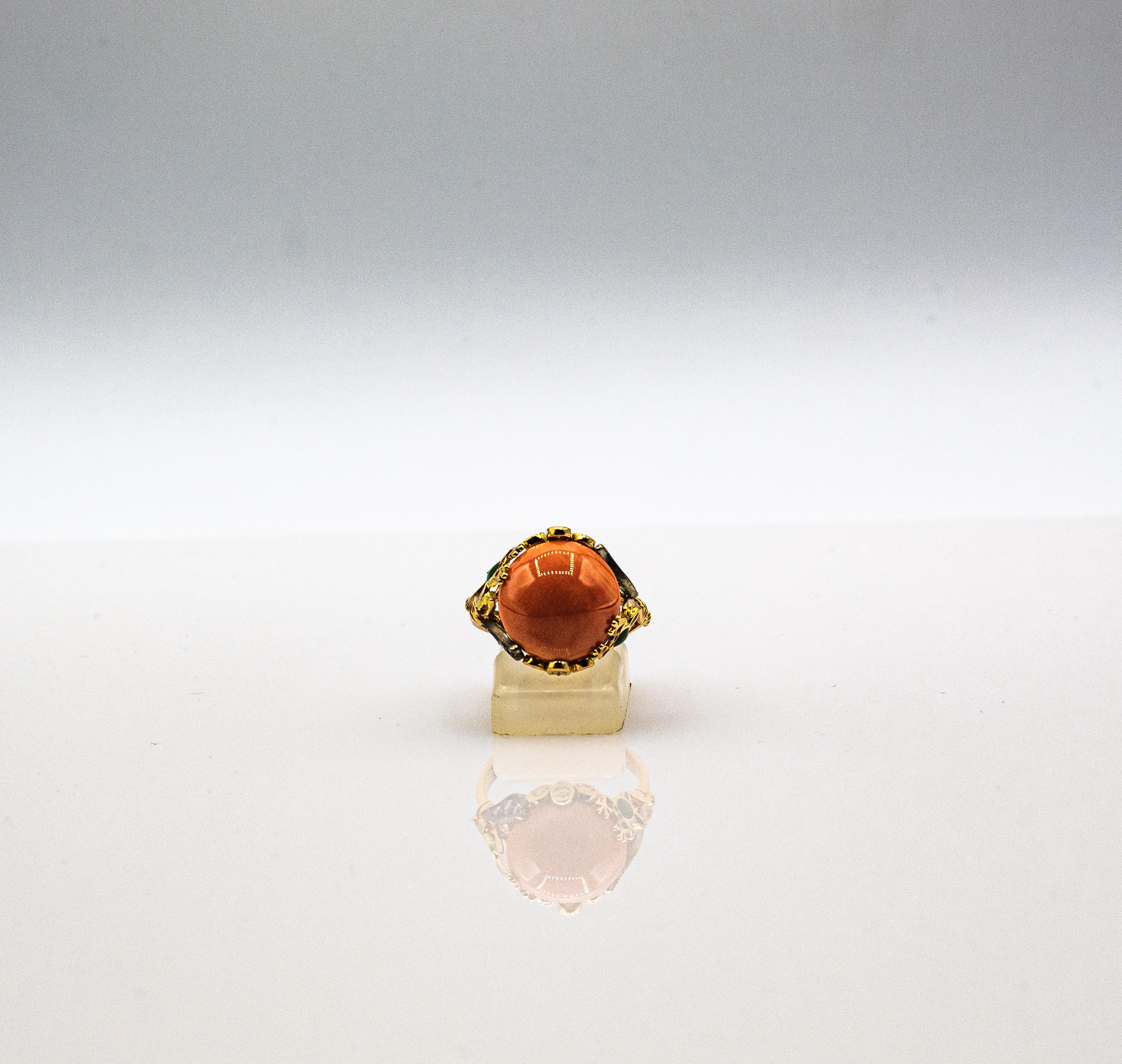 Women's or Men's Art Nouveau Style White Diamond Peach Coral Enamel Yellow Gold Cocktail Ring