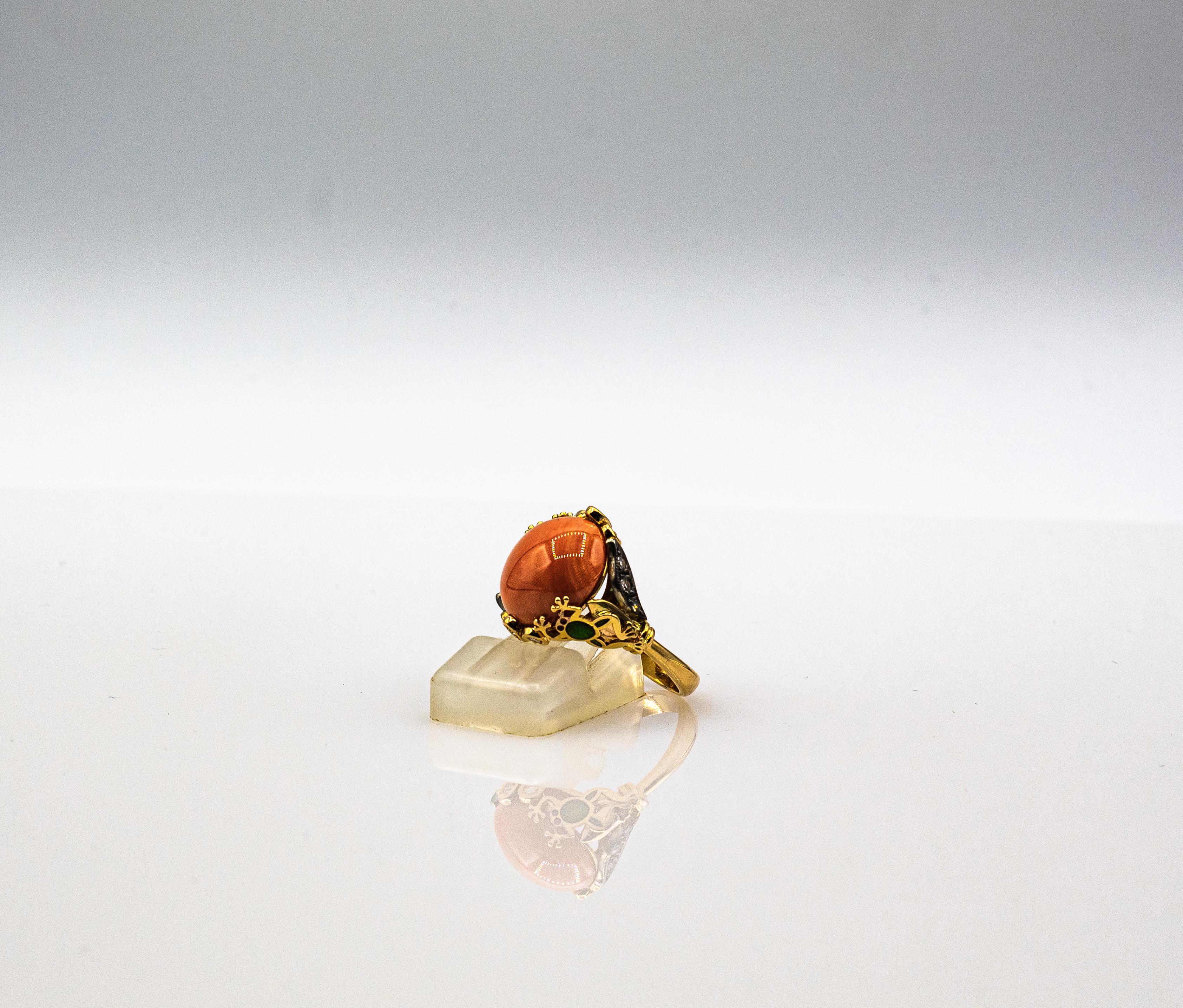 Art Nouveau Style White Diamond Peach Coral Enamel Yellow Gold Cocktail Ring 1