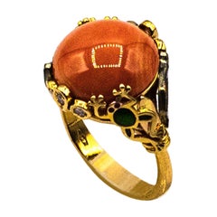 Art Nouveau Style White Diamond Peach Coral Enamel Yellow Gold Cocktail Ring