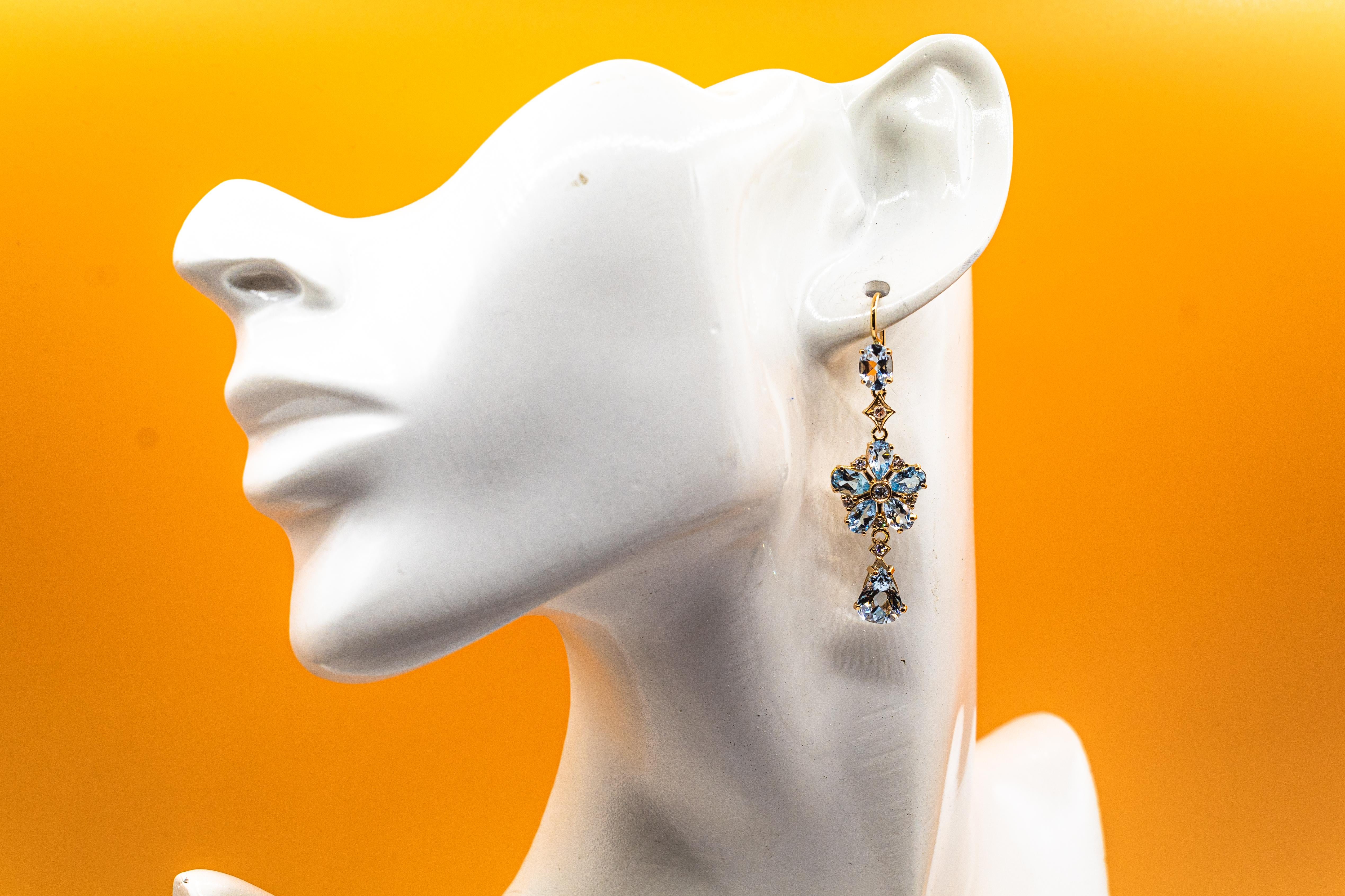 Art Nouveau Style Weißer Diamant Birnenschliff Aquamarin Gelbgold Blumen Ohrringe im Angebot 1