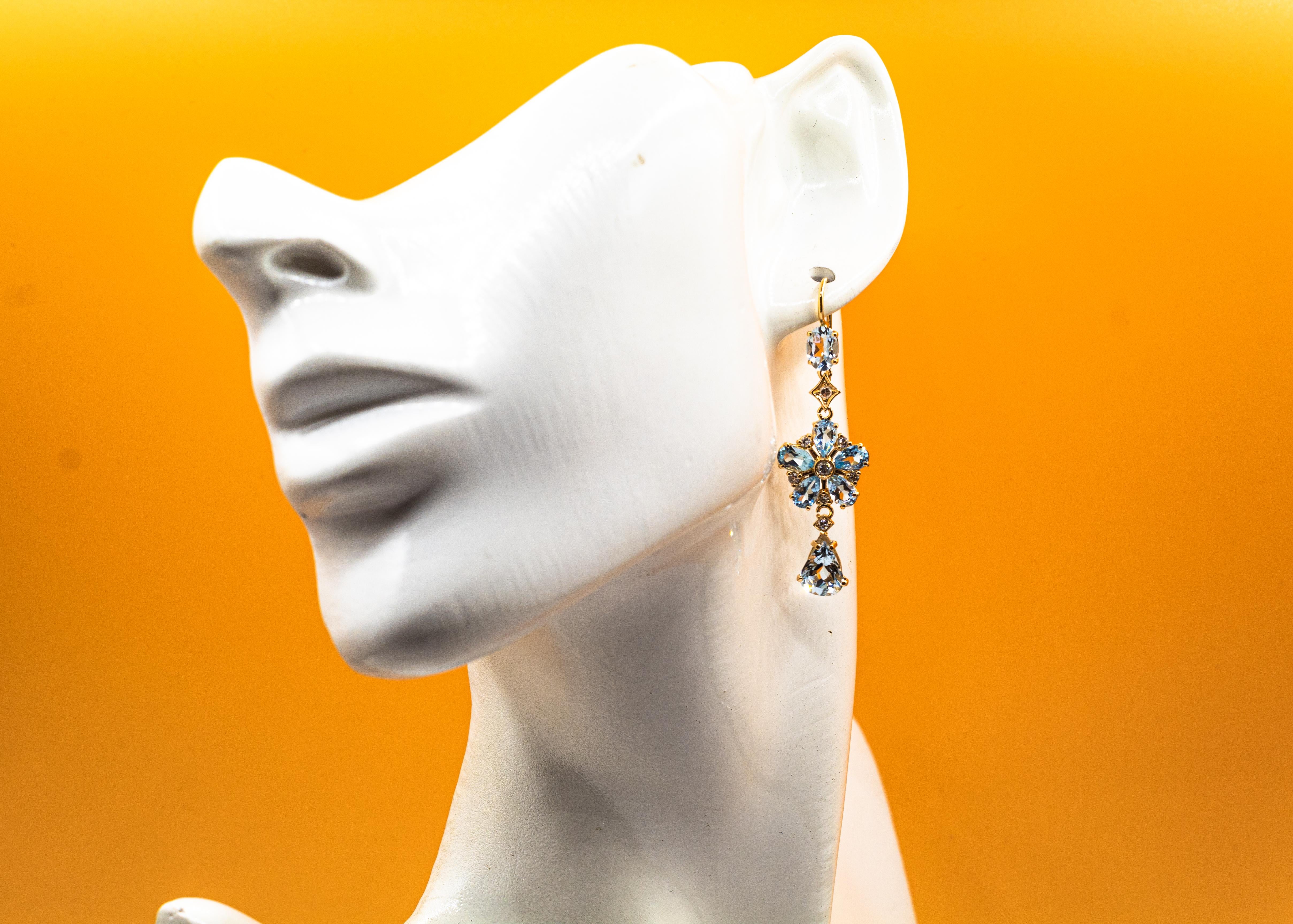 Art Nouveau Style Weißer Diamant Birnenschliff Aquamarin Gelbgold Blumen Ohrringe im Angebot 2