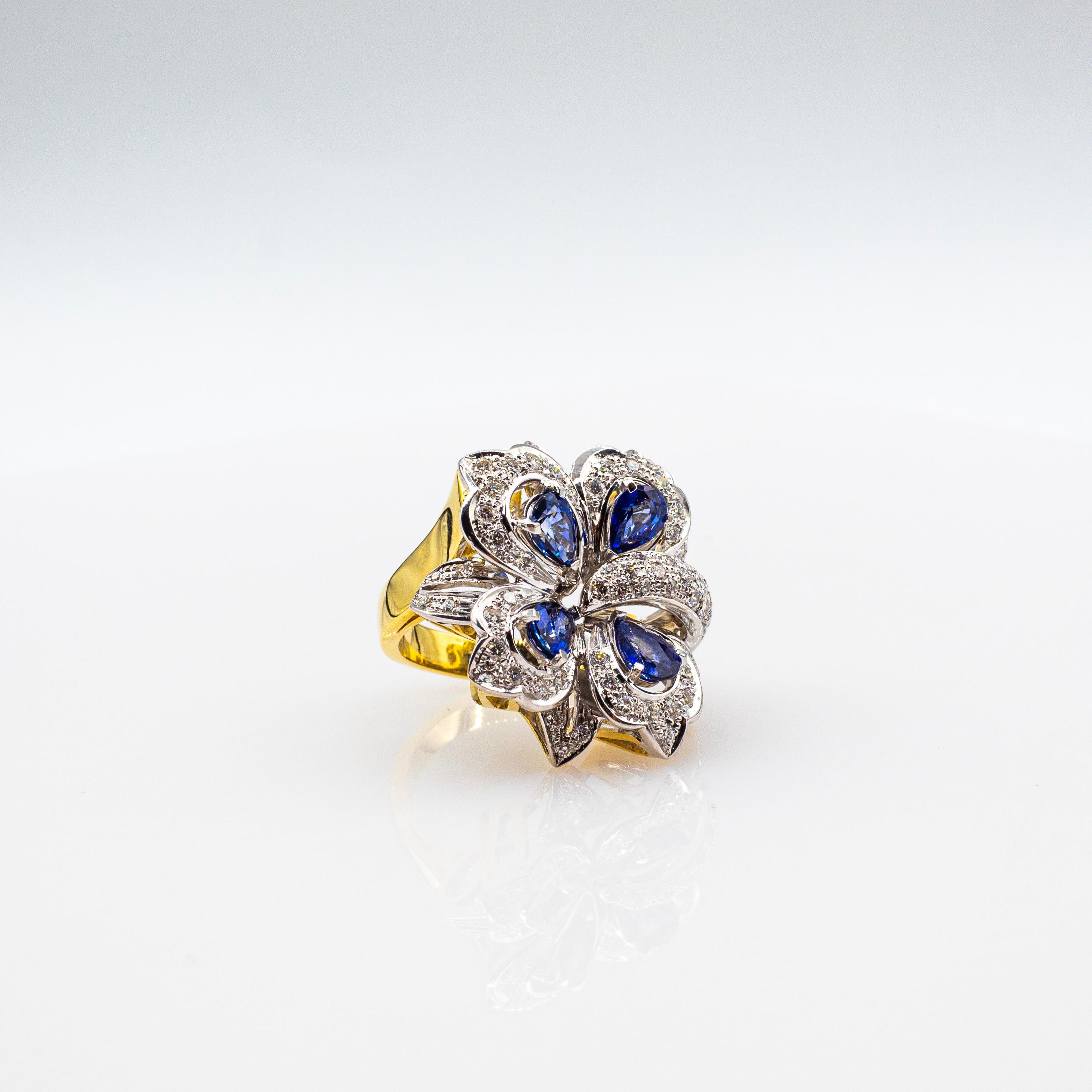 Bague de cocktail en or jaune, style Art Nouveau, diamant blanc, saphir bleu taillé en poire en vente 4