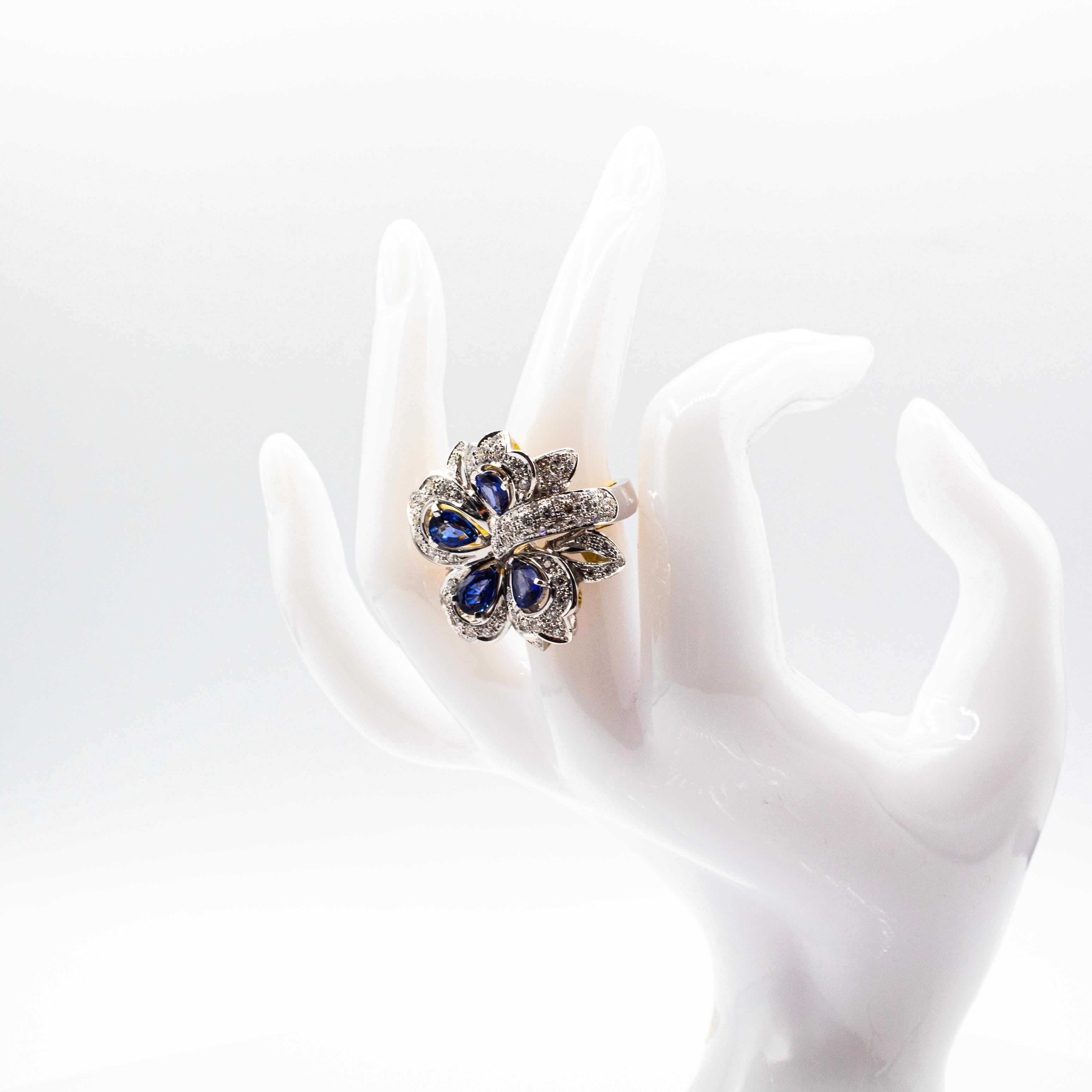 Bague de cocktail en or jaune, style Art Nouveau, diamant blanc, saphir bleu taillé en poire en vente 6