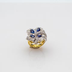 Art Nouveau Style White Diamond Pear Cut Blue Sapphire Yellow Gold Cocktail Ring