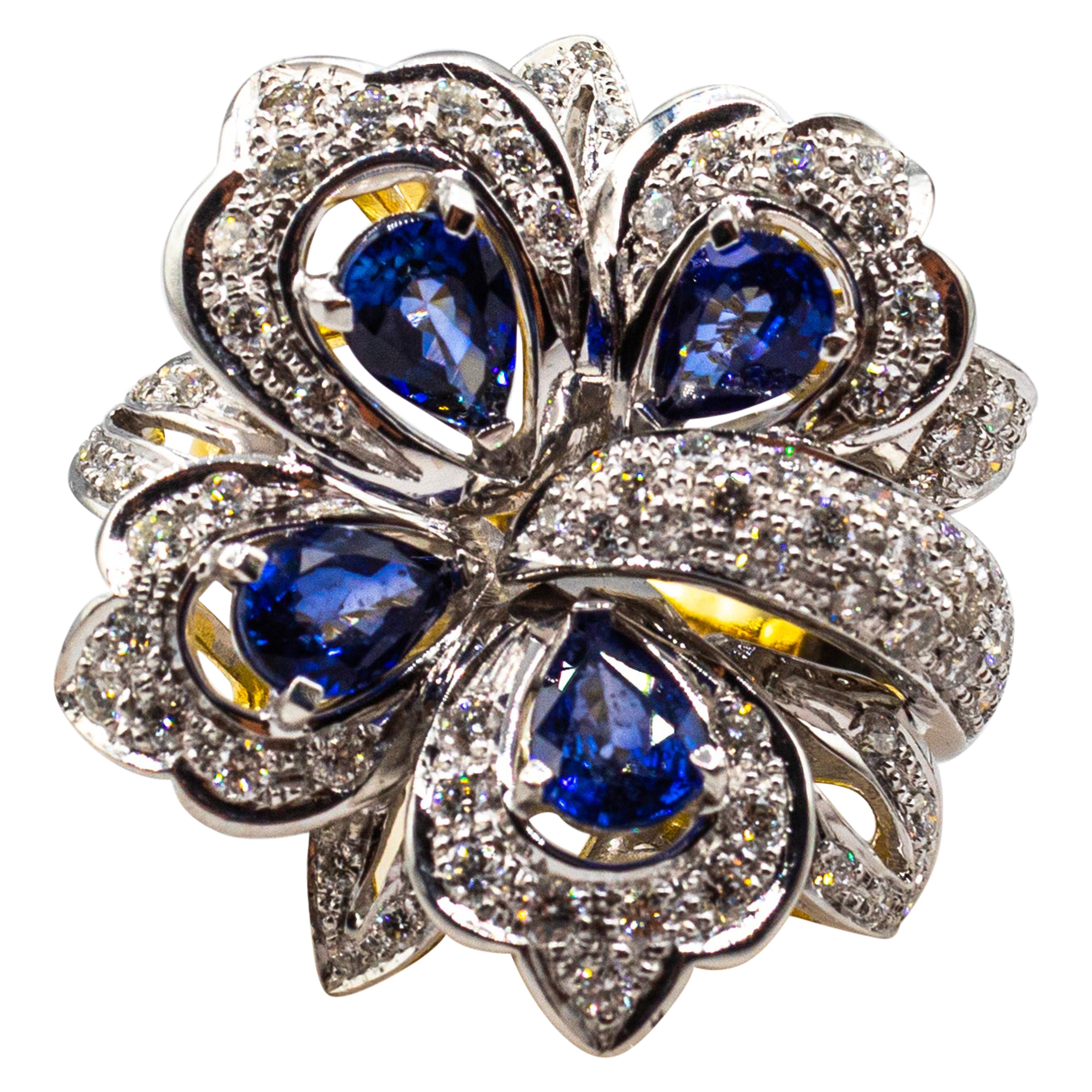 Bague de cocktail en or jaune, style Art Nouveau, diamant blanc, saphir bleu taillé en poire