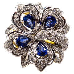 Art Nouveau Style White Diamond Pear Cut Blue Sapphire Yellow Gold Cocktail Ring