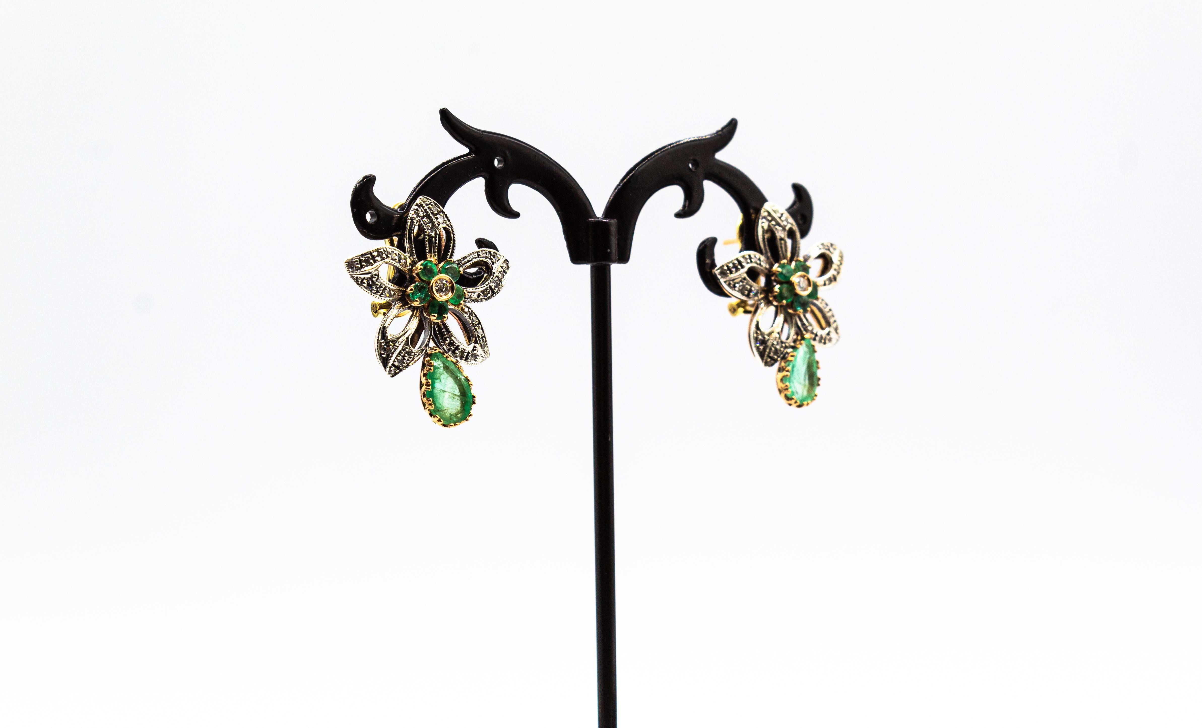 Old European Cut Art Nouveau Style White Diamond Pear Cut Emerald Yellow Gold Clip-On Earrings