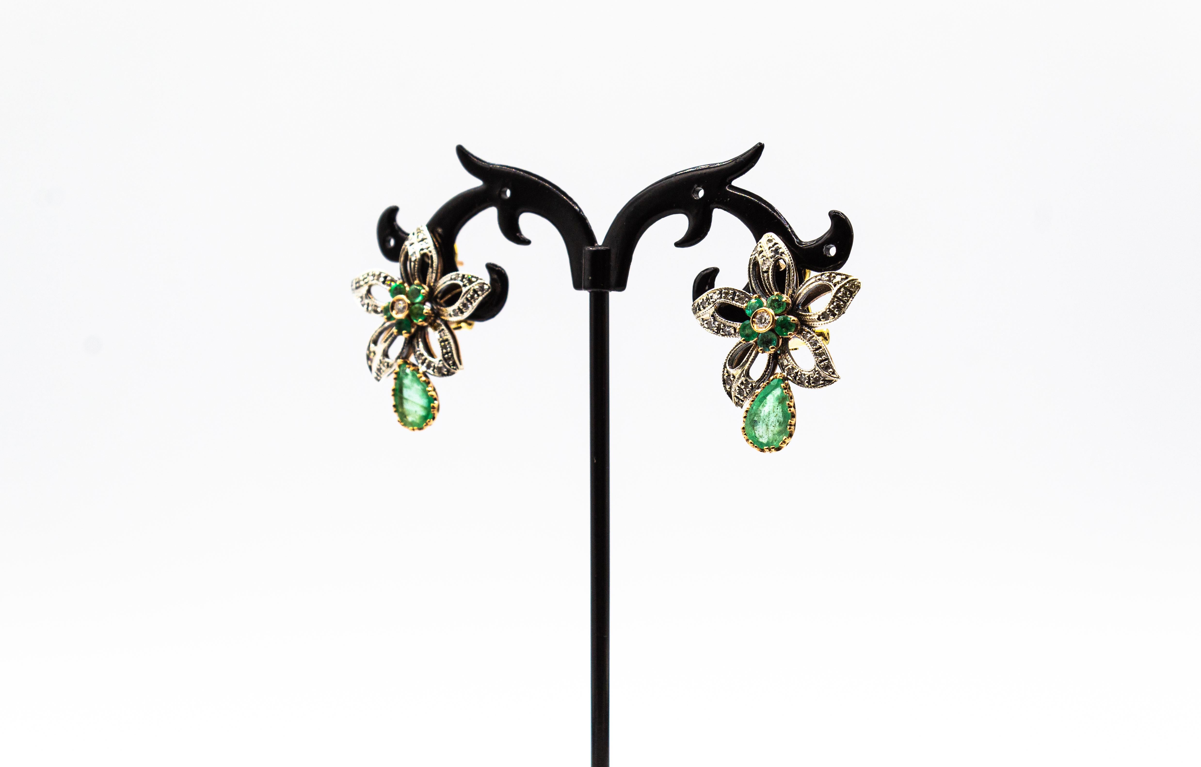 Women's or Men's Art Nouveau Style White Diamond Pear Cut Emerald Yellow Gold Clip-On Earrings