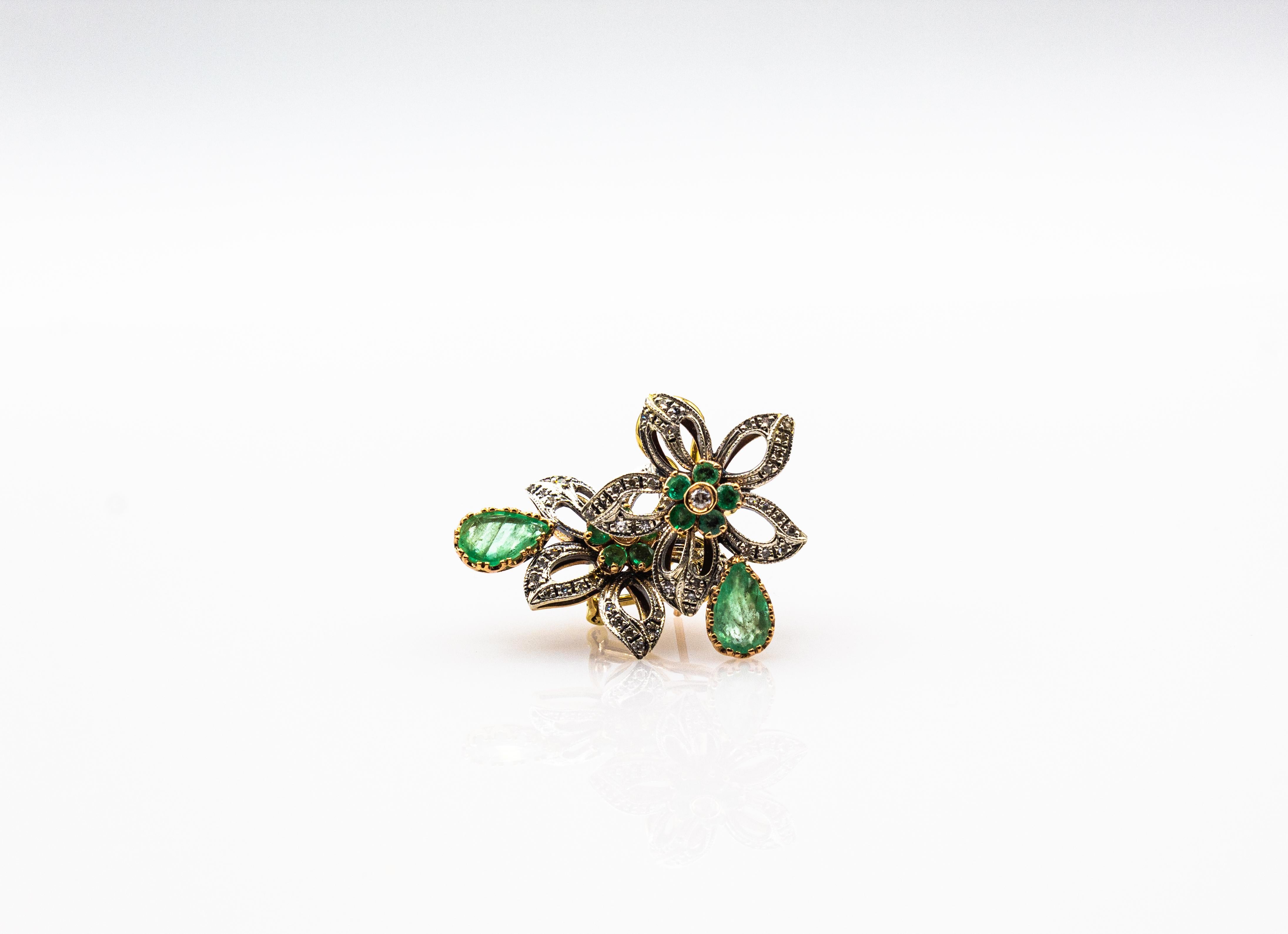 Art Nouveau Style White Diamond Pear Cut Emerald Yellow Gold Clip-On Earrings For Sale 1