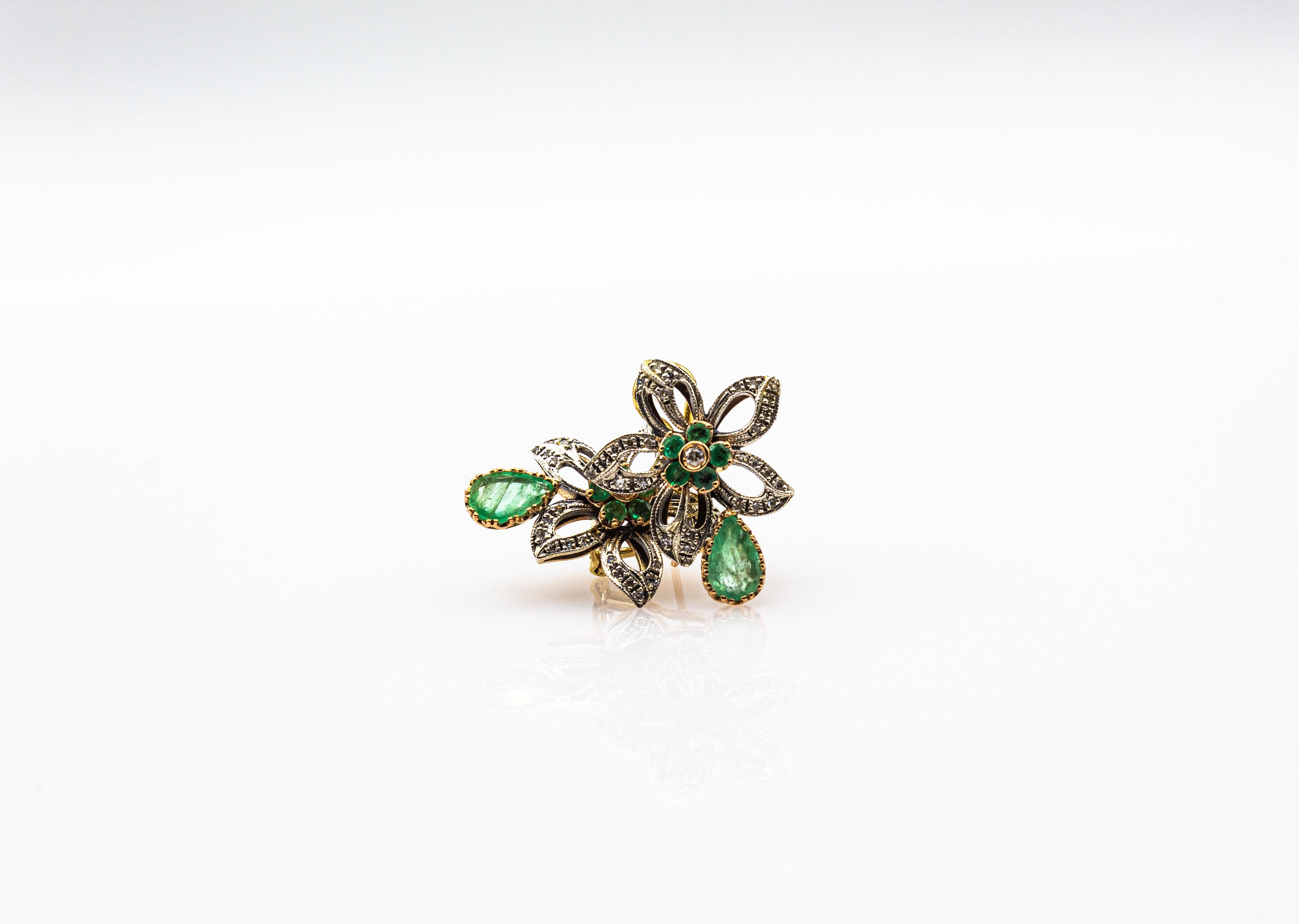Art Nouveau Style White Diamond Pear Cut Emerald Yellow Gold Clip-On Earrings For Sale 2