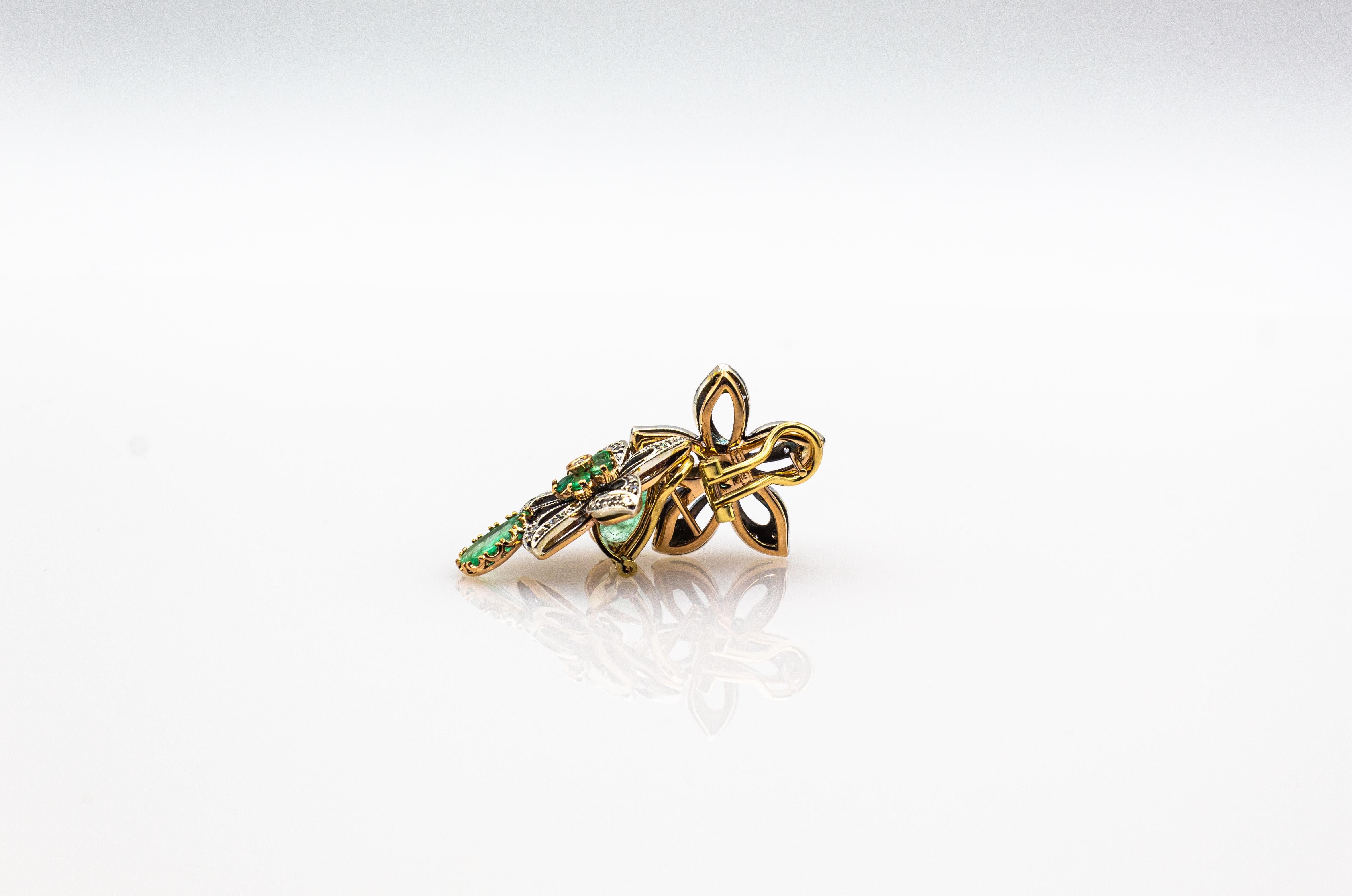 Art Nouveau Style White Diamond Pear Cut Emerald Yellow Gold Clip-On Earrings For Sale 3