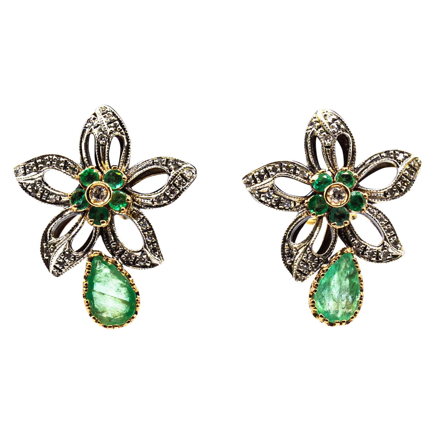 Art Nouveau Style White Diamond Pear Cut Emerald Yellow Gold Clip-On Earrings For Sale