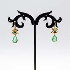 Art Nouveau Style White Diamond Pear Cut Emerald Yellow Gold Earrings